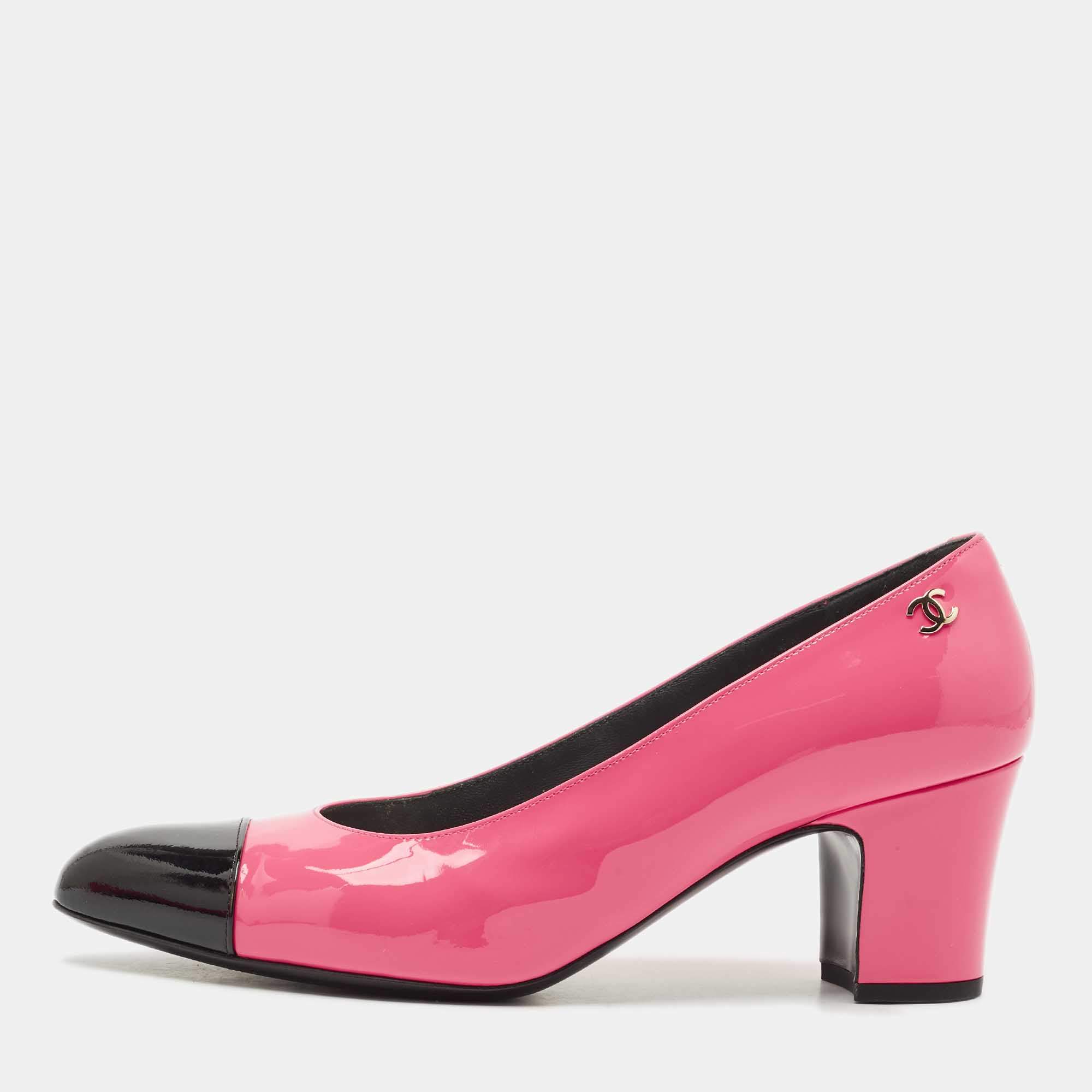 Pre Owned Chanel Pink/Black Patent Leather Cap Toe Block Heel Pumps Size 41