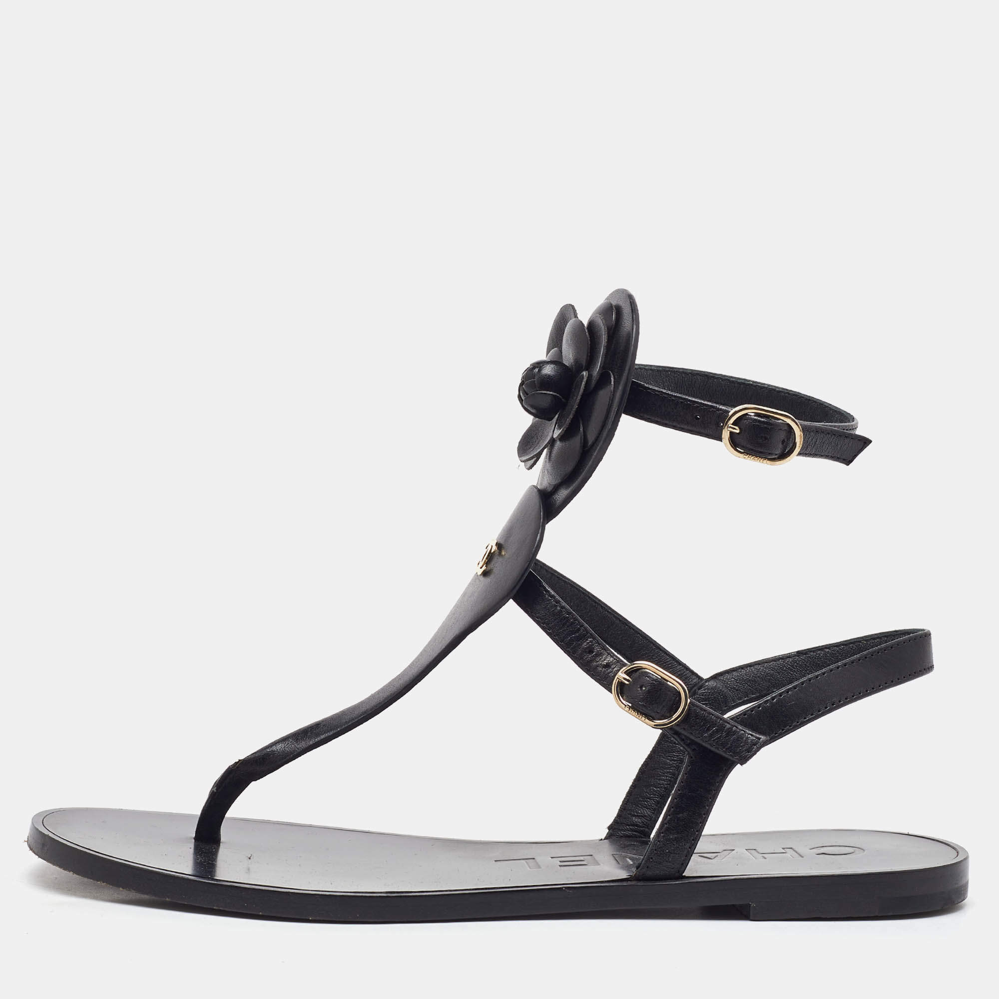 Pre Owned Chanel Black Leather CC Camellia T-Strap Flat Sandals Size 38