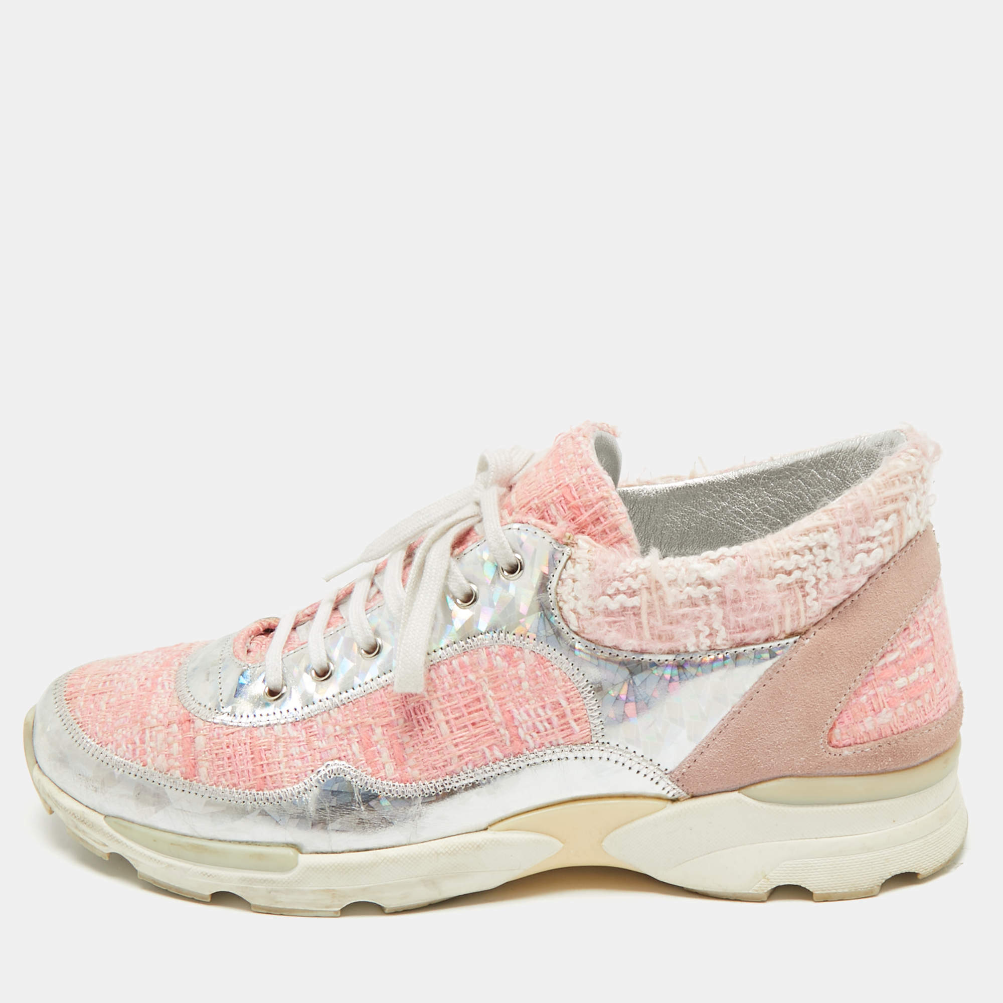Pre Owned Chanel Pink/Silver Tweed and Holographic Leather Lace Up Sneakers Size 40