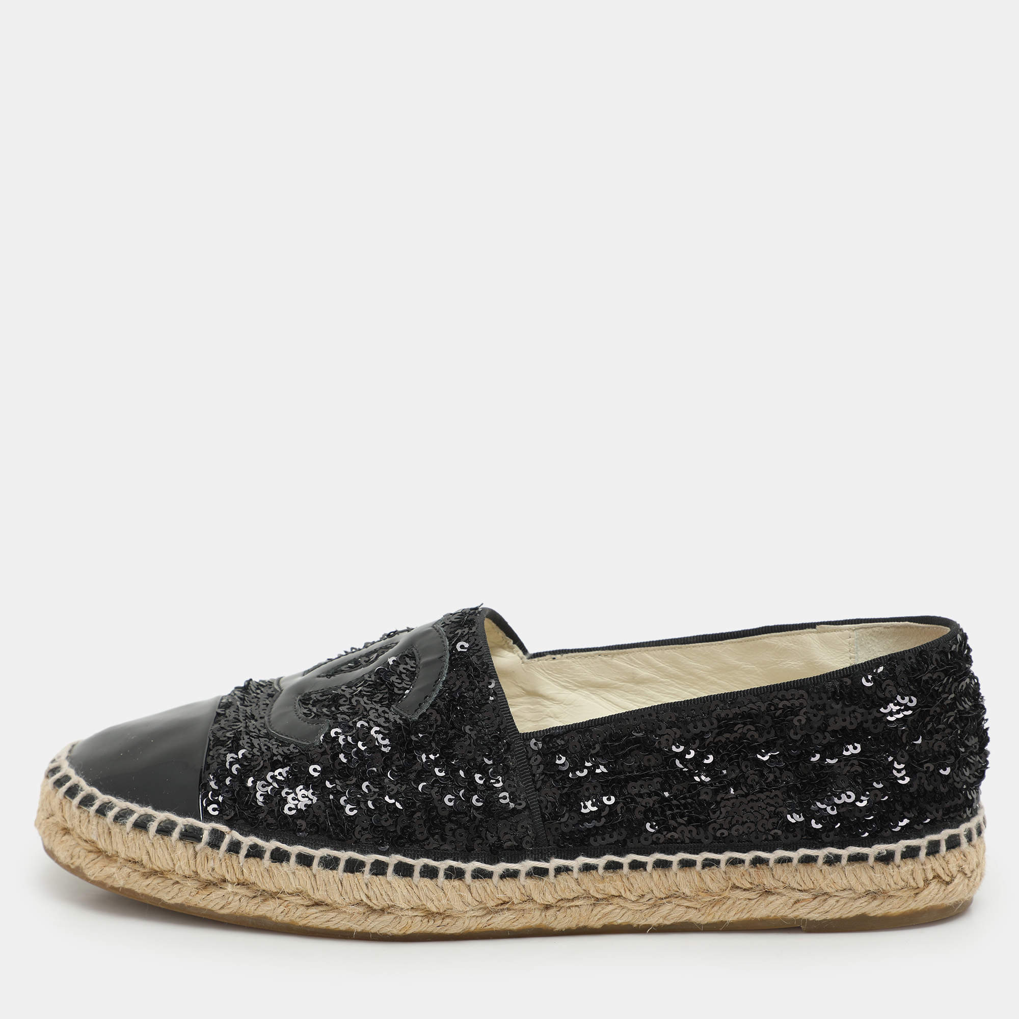 Pre Owned Chanel Black Sequins and Patent Leather CC Cap Toe Espadrille Flats Size 41