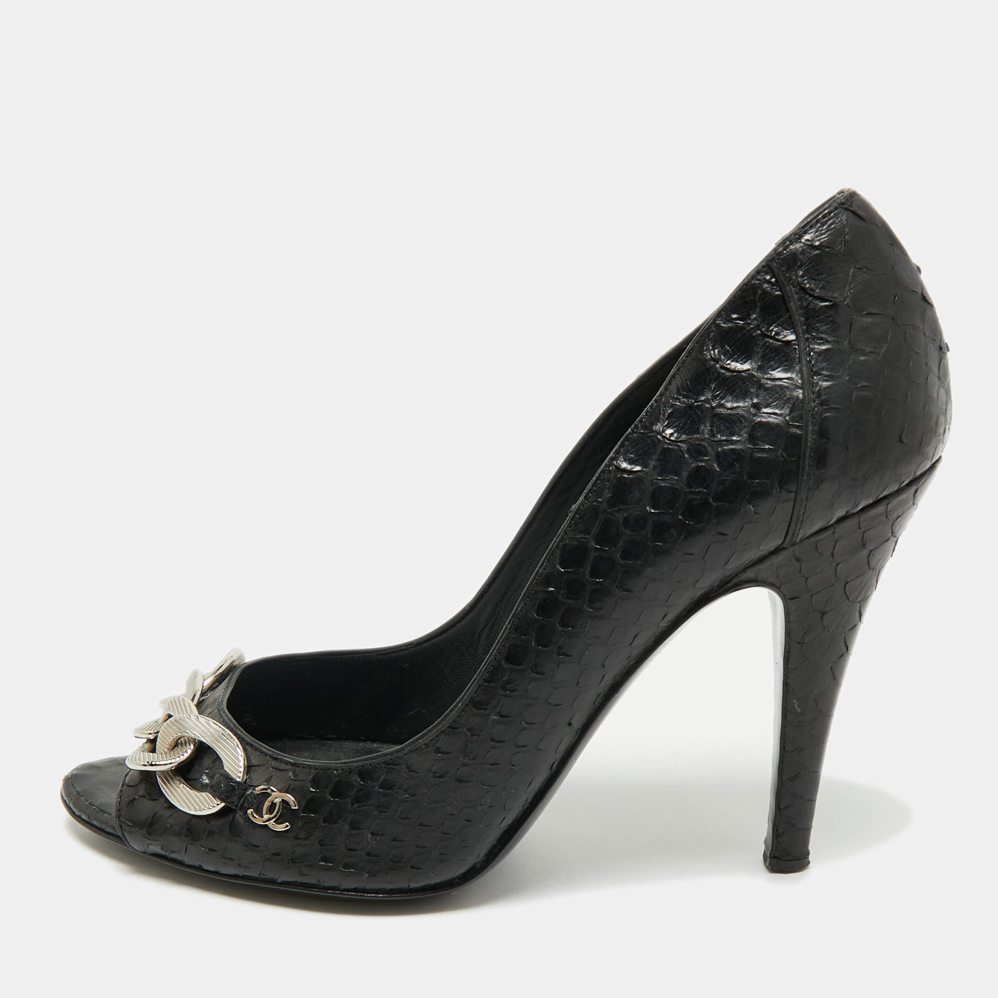 Pre Owned Chanel Black Python CC Chain Link Detail Open Toe Pumps Size 38