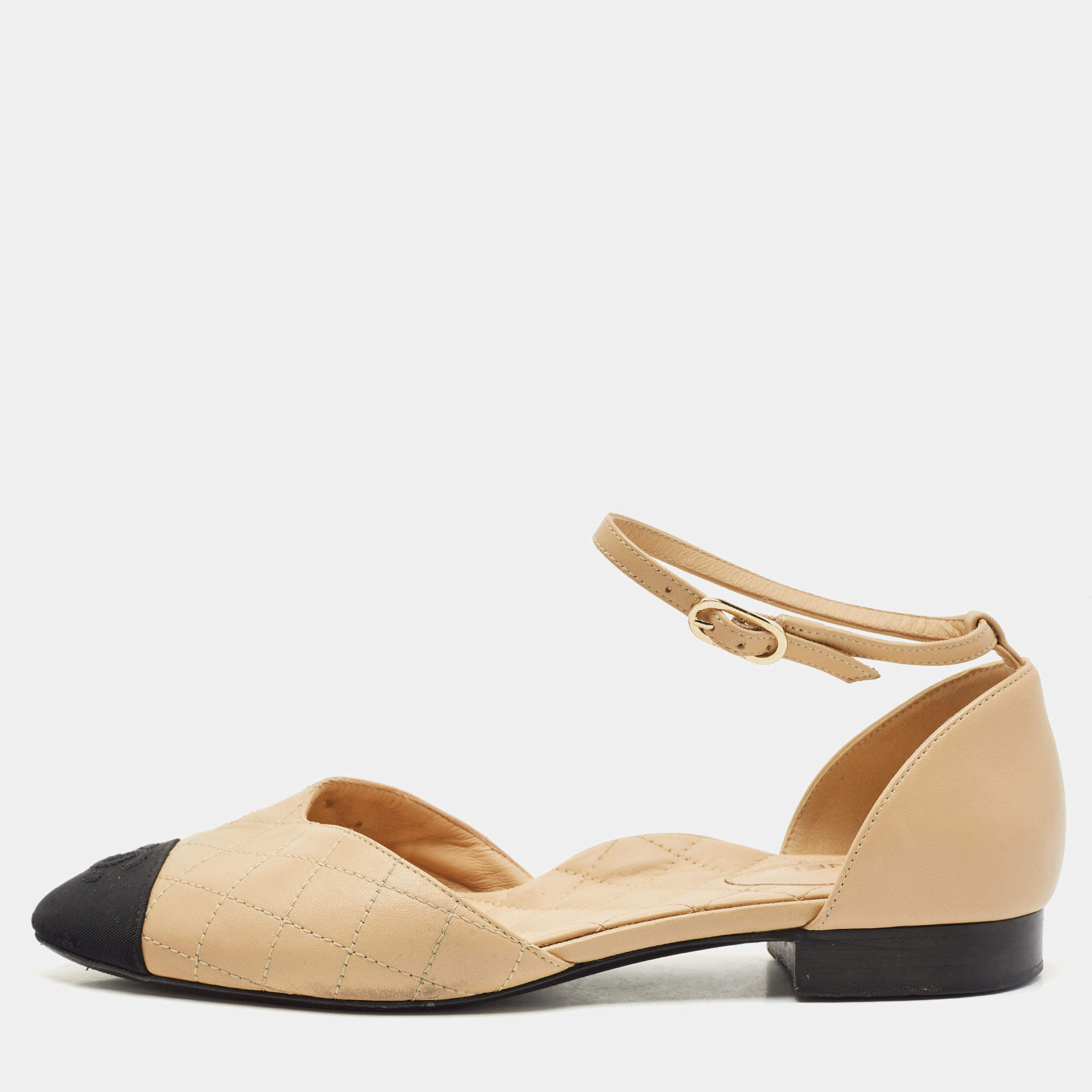 Pre Owned Chanel Beige/Black Canvas and Leather Ankle Strap Flats Size 39.5