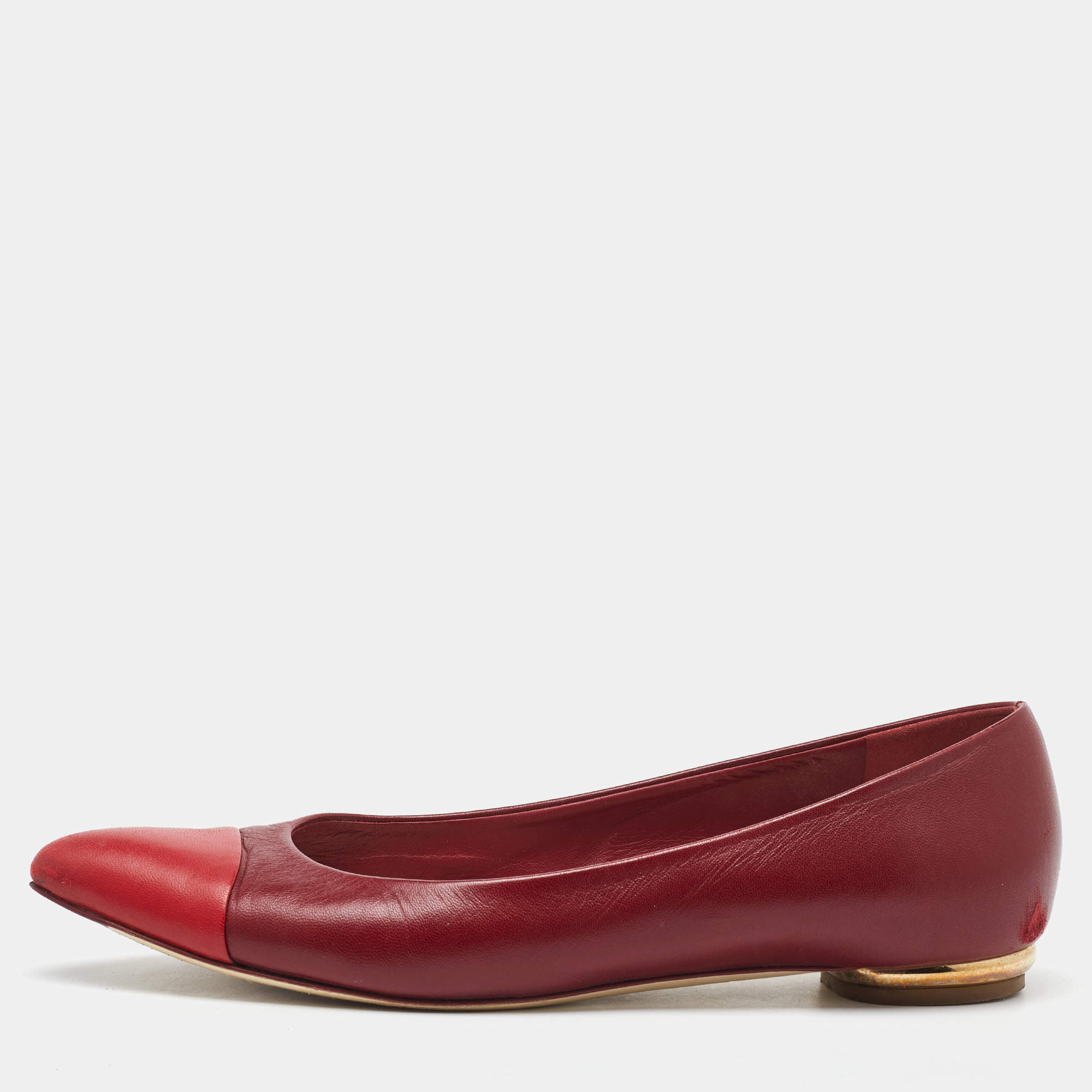 Pre Owned Chanel Red Leather Pointed Cap Toe Ballet Flats Size 39