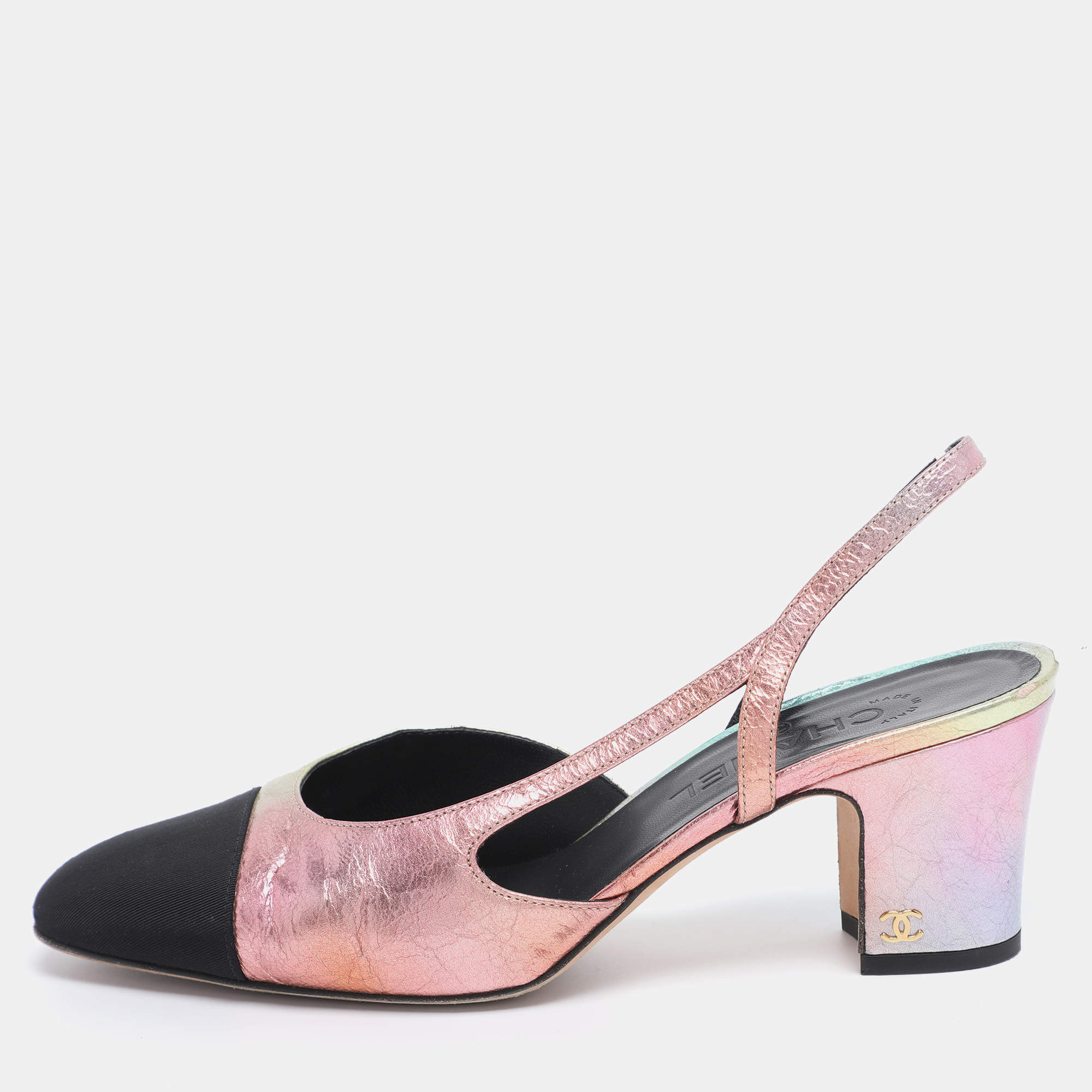 靴 CHANEL Cocomark Slingback Pumps Chanel Goatskin Grosgrain Cap Toe CC Slingback Pumps Beige