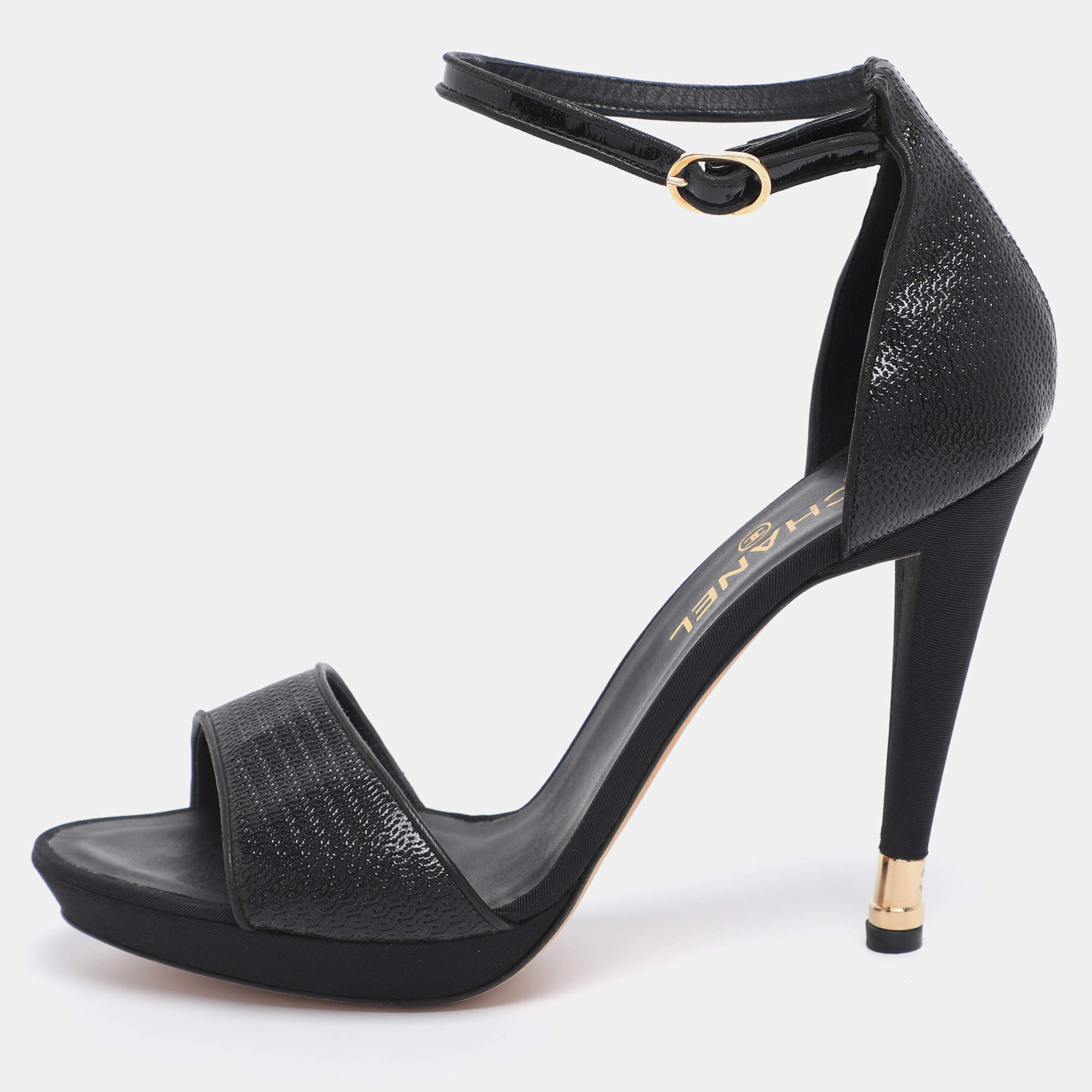 Pre Owned Chanel Black Textured Patent Leather CC Heel Ankle Strap Sandals Size 41.5