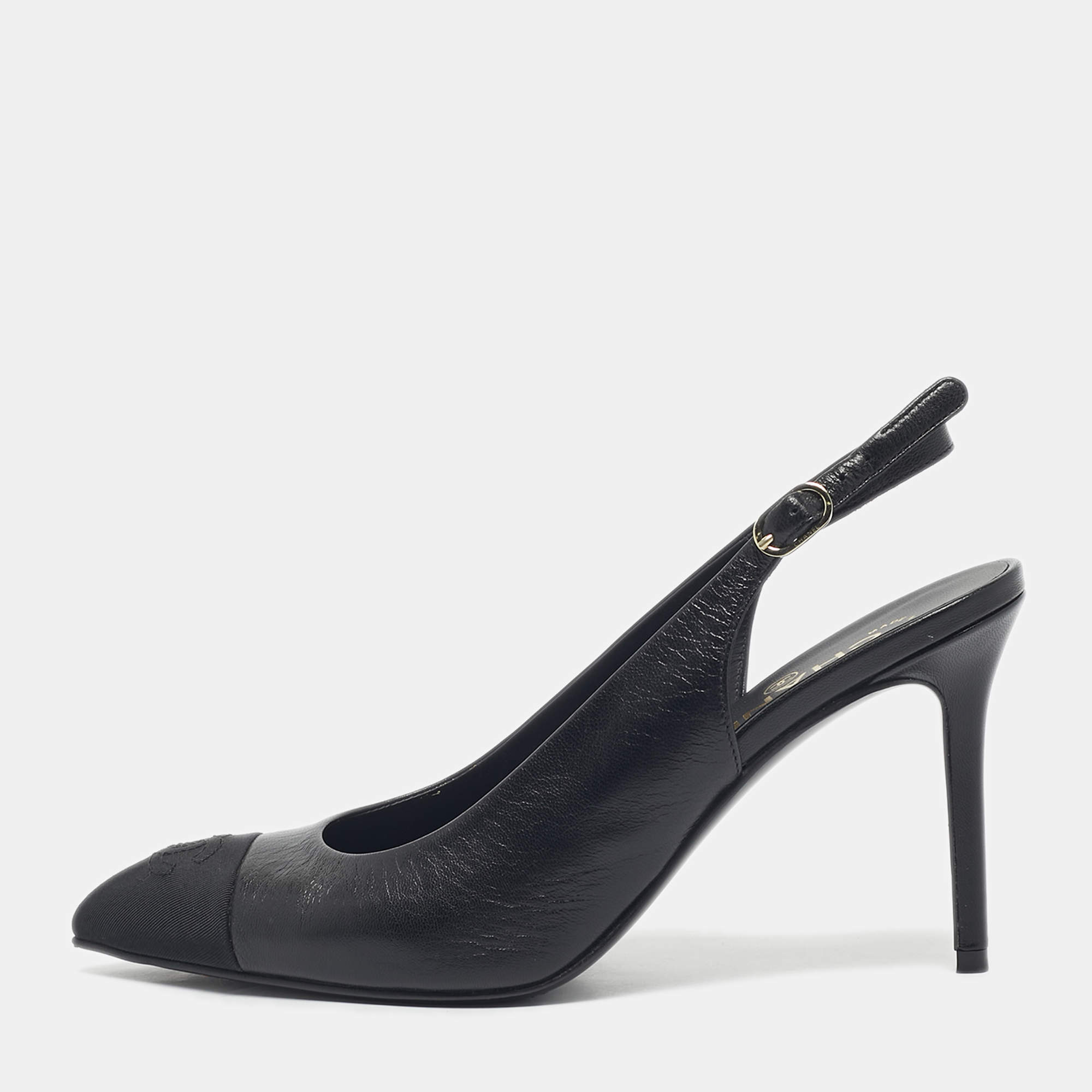 Pre Owned Chanel Black Leather and Canvas Pointed Toe Slingback Pumps Size 38.5