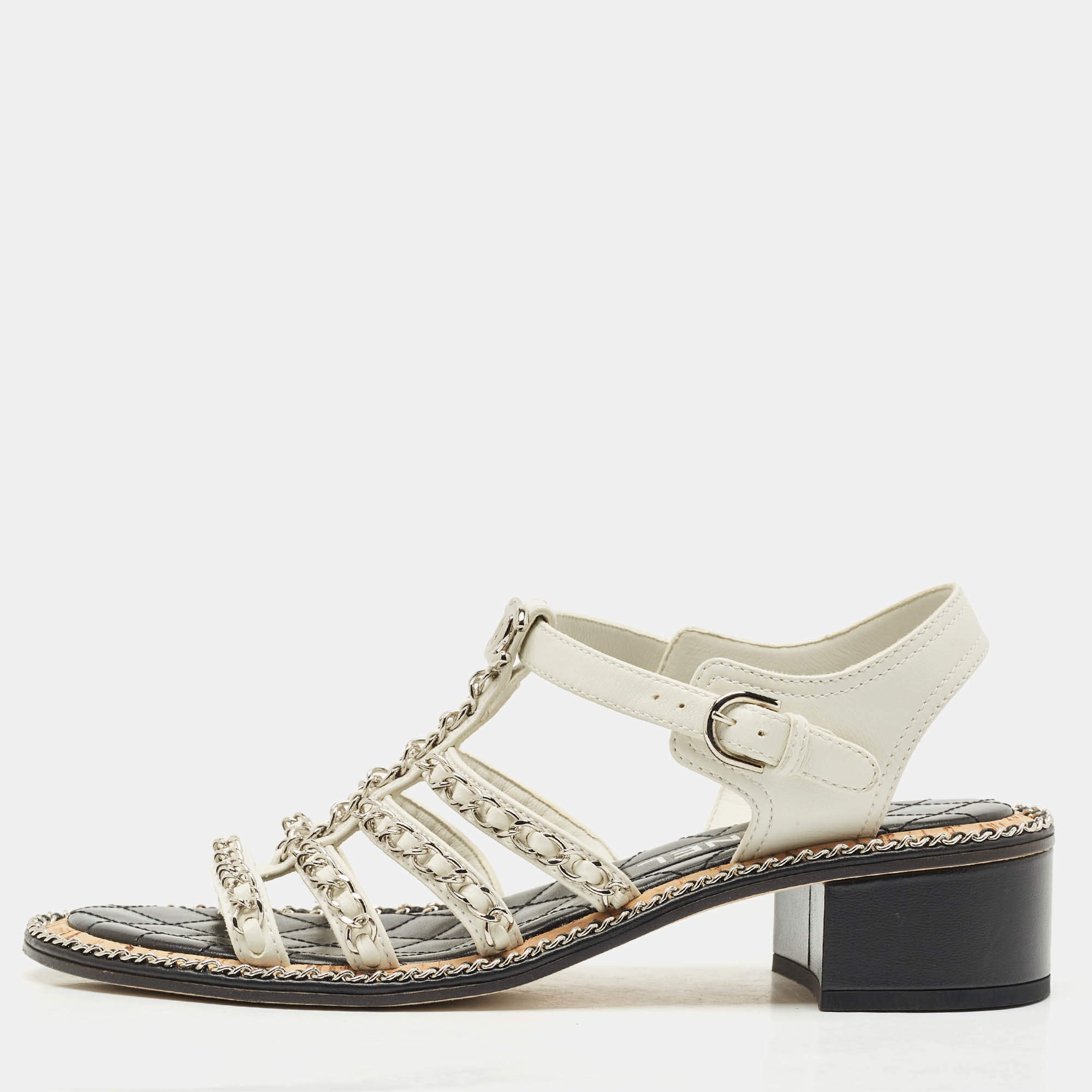 Pre Owned Chanel White Leather Chain CC Logo Strappy Flat Sandals Size 37.5
