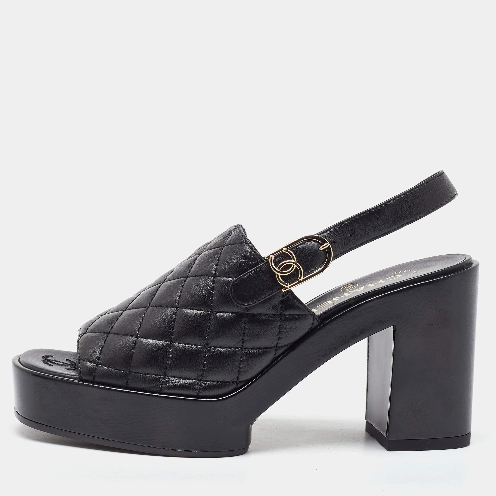 Pre Owned Chanel Black Quilted Leather CC Open Toe Platform Slingback Sandals Size 39