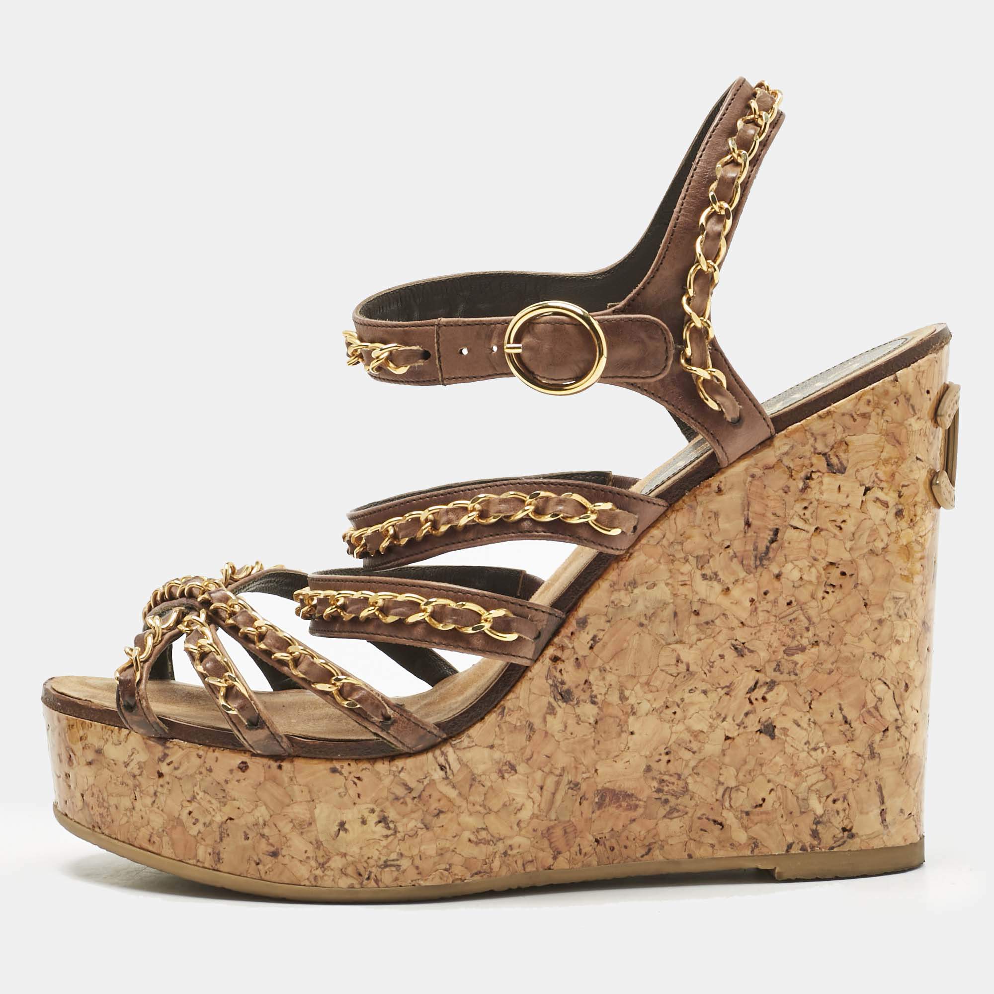 Pre Owned Chanel  Brown Leather CC Chain Link Straps Cork Platform Wedges  Sandals Size 39.5