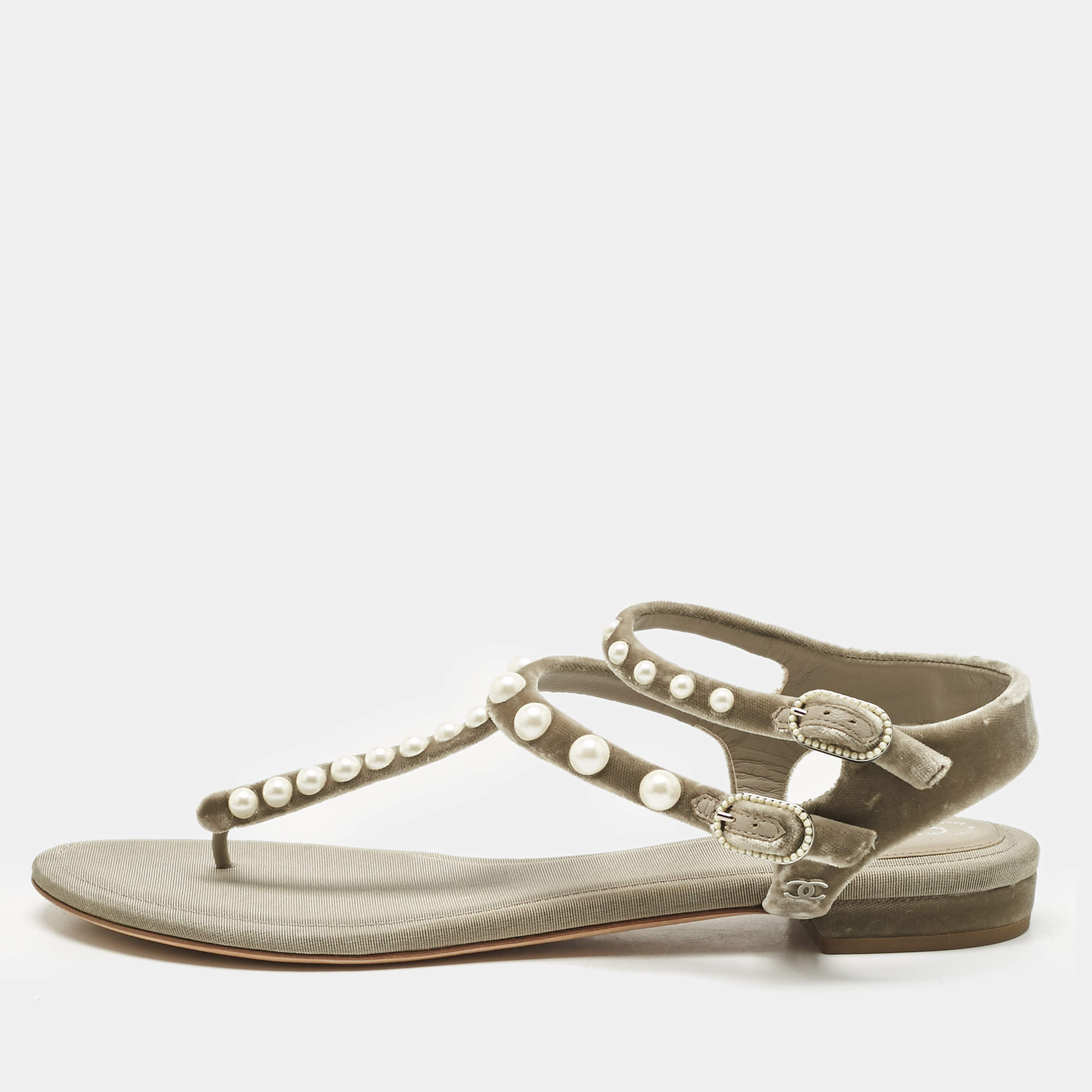 Pre Owned Chanel Grey Velvet Pear Embellished Thong Sandals Size 40