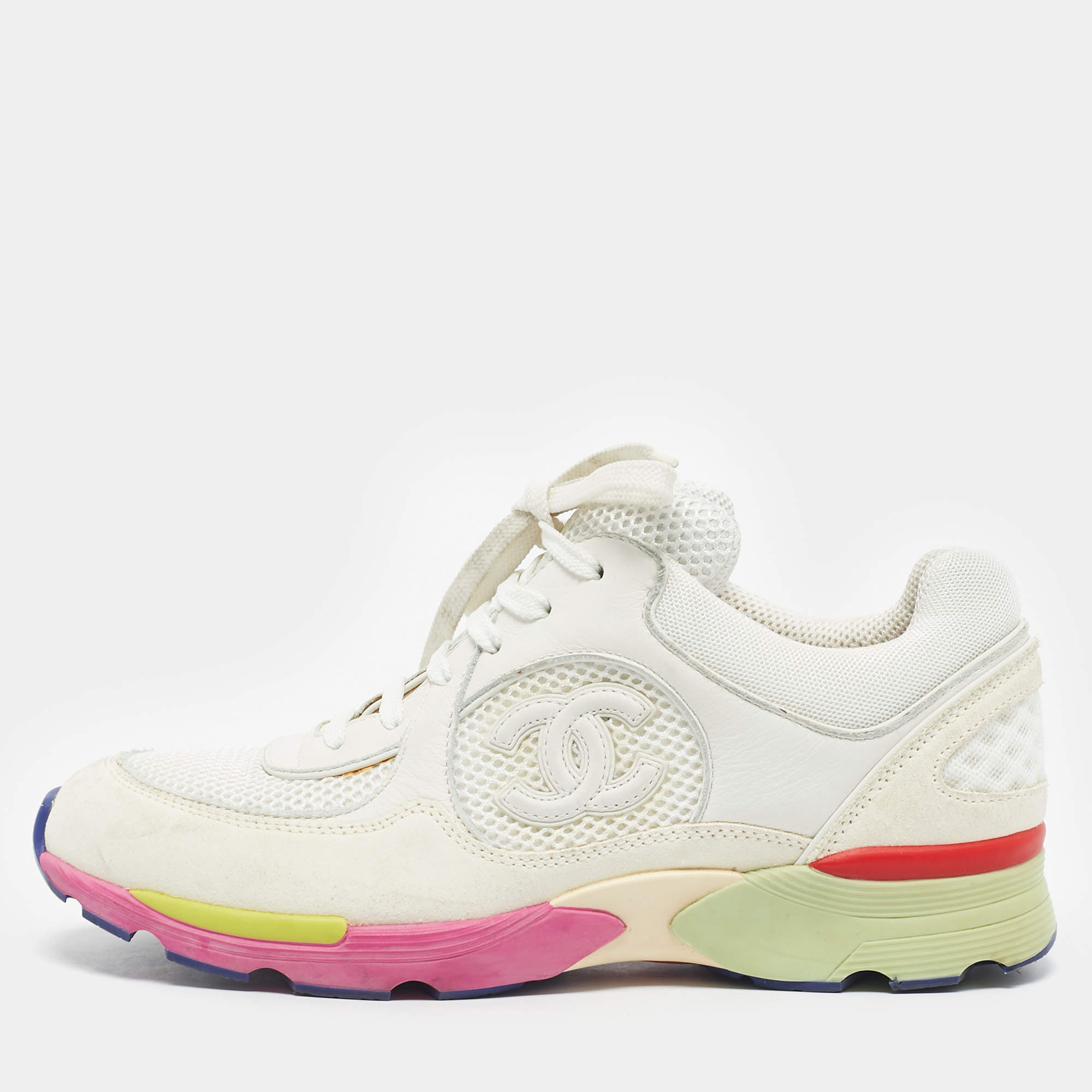 Pre Owned Chanel Multicolor Fabric and Suede CC Low Top Sneakers Size 38