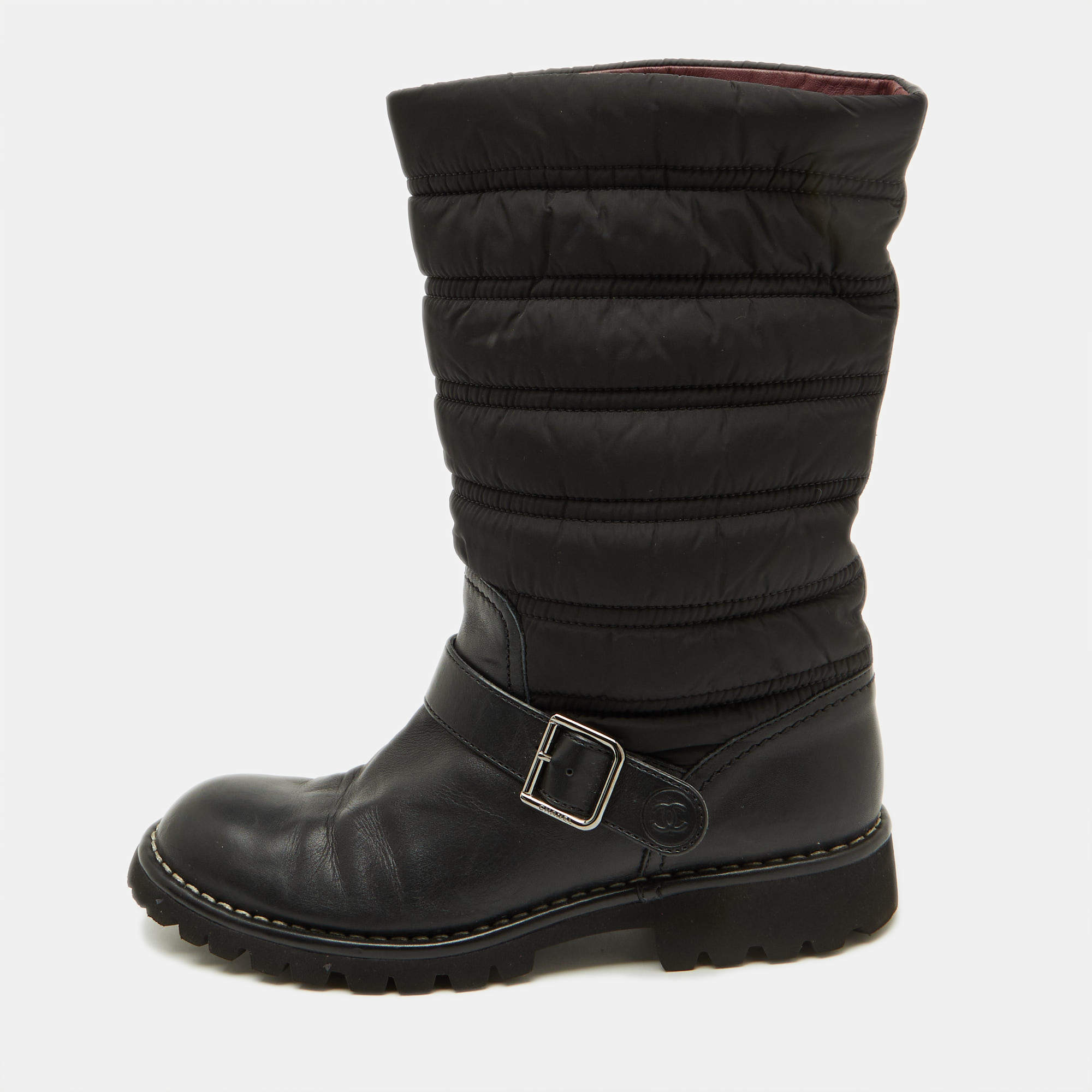 Pre Owned Chanel Black Nylon and Leather CC Logo Moto Calf Length Boots Size 39