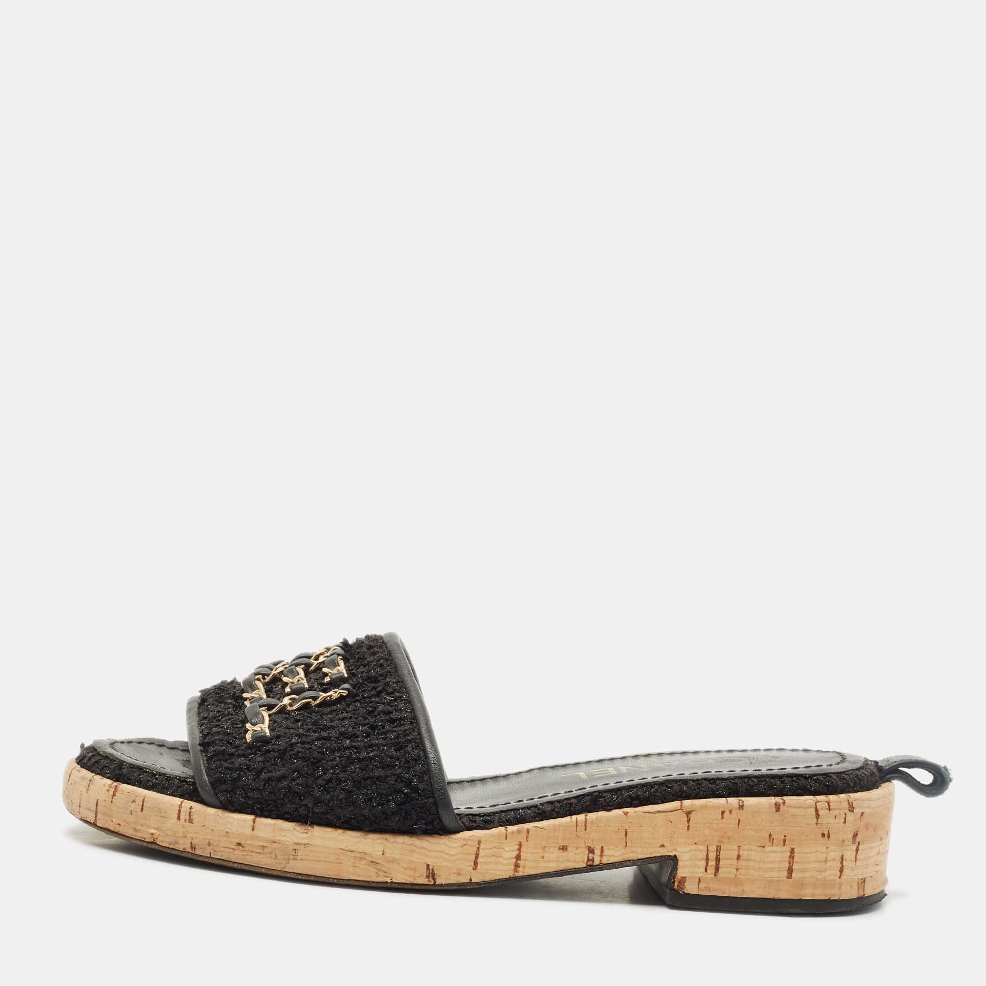 Pre Owned Chanel Black Tweed And Leather Chain Link Cork Slides Size 37.5