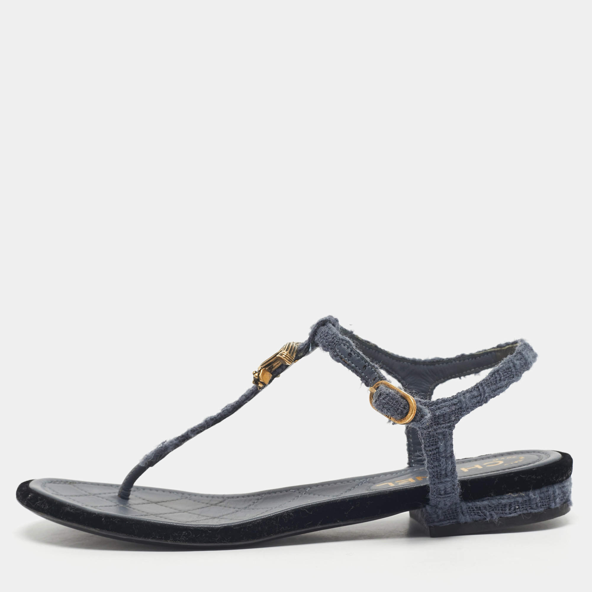 Pre Owned Chanel Blue Tweed and Velvet  CC LogoT-Strap Flat Sandals Size 37