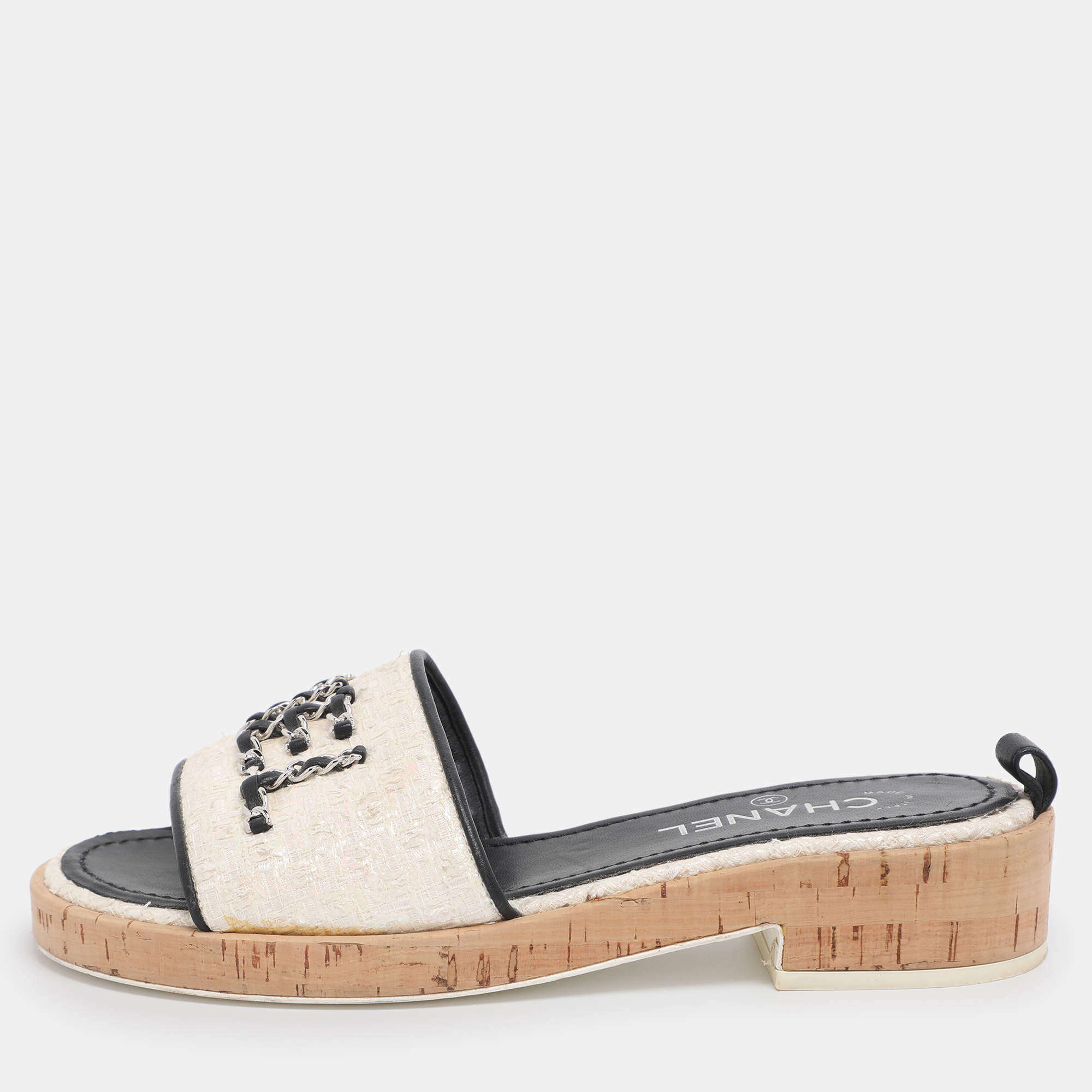 Pre Owned Chanel Iridescent/Black Tweed And Leather Chain Link Cork Slides Size 38.5