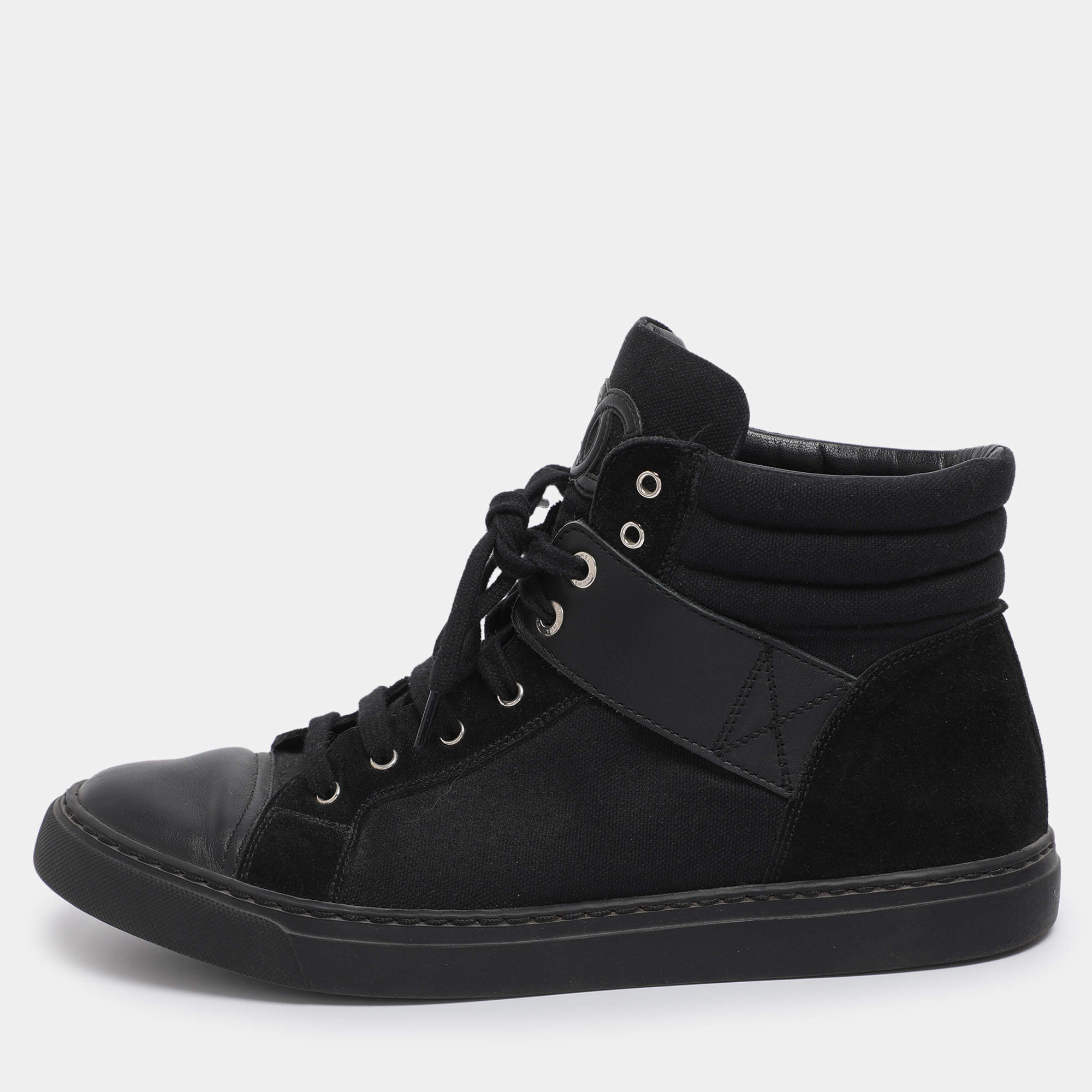 Pre Owned Chanel Black Suede Leather And  Canvas High Top Sneakers Size 39