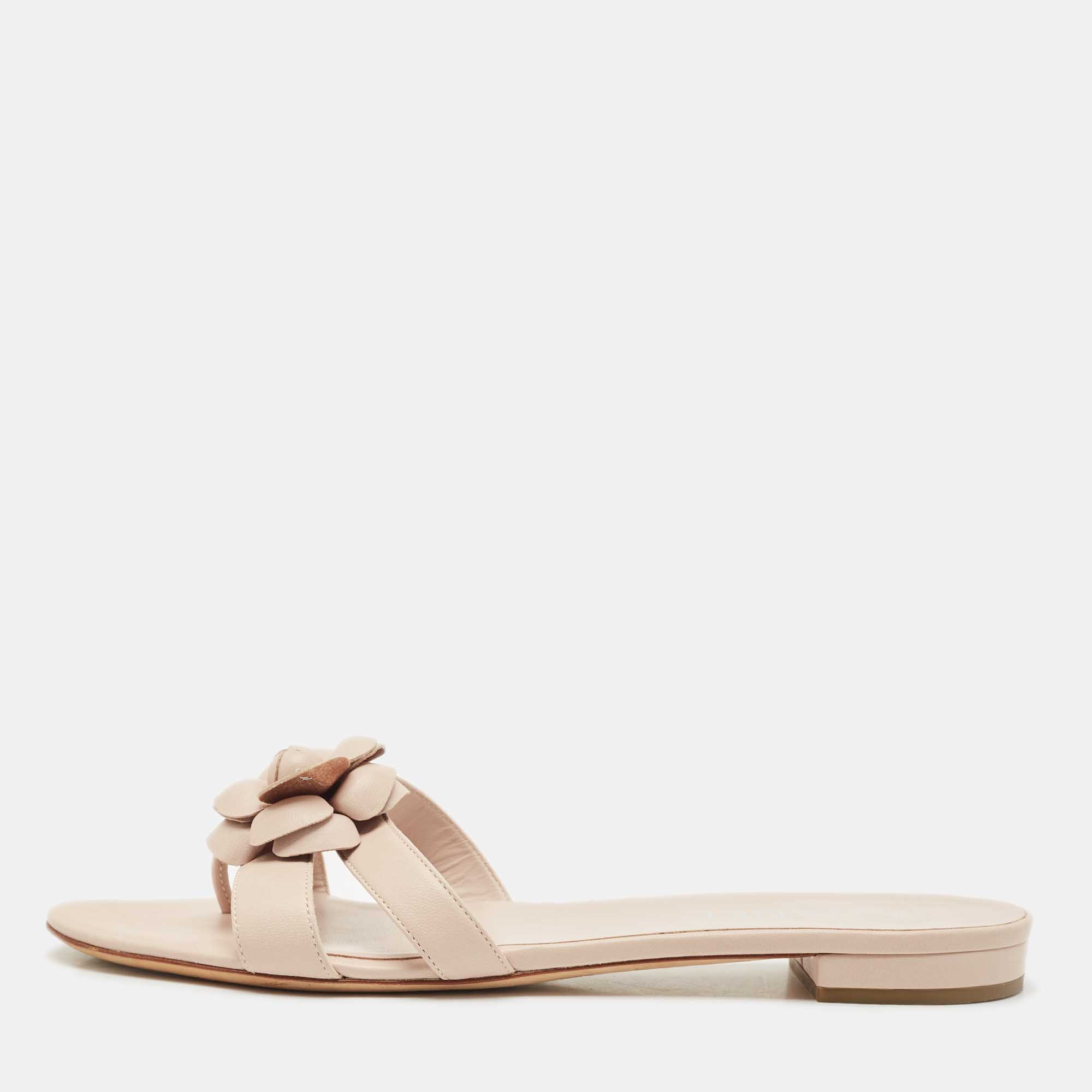 Pre Owned Chanel Beige Leather Flower Embellished Camellia Flat Slides Size 40