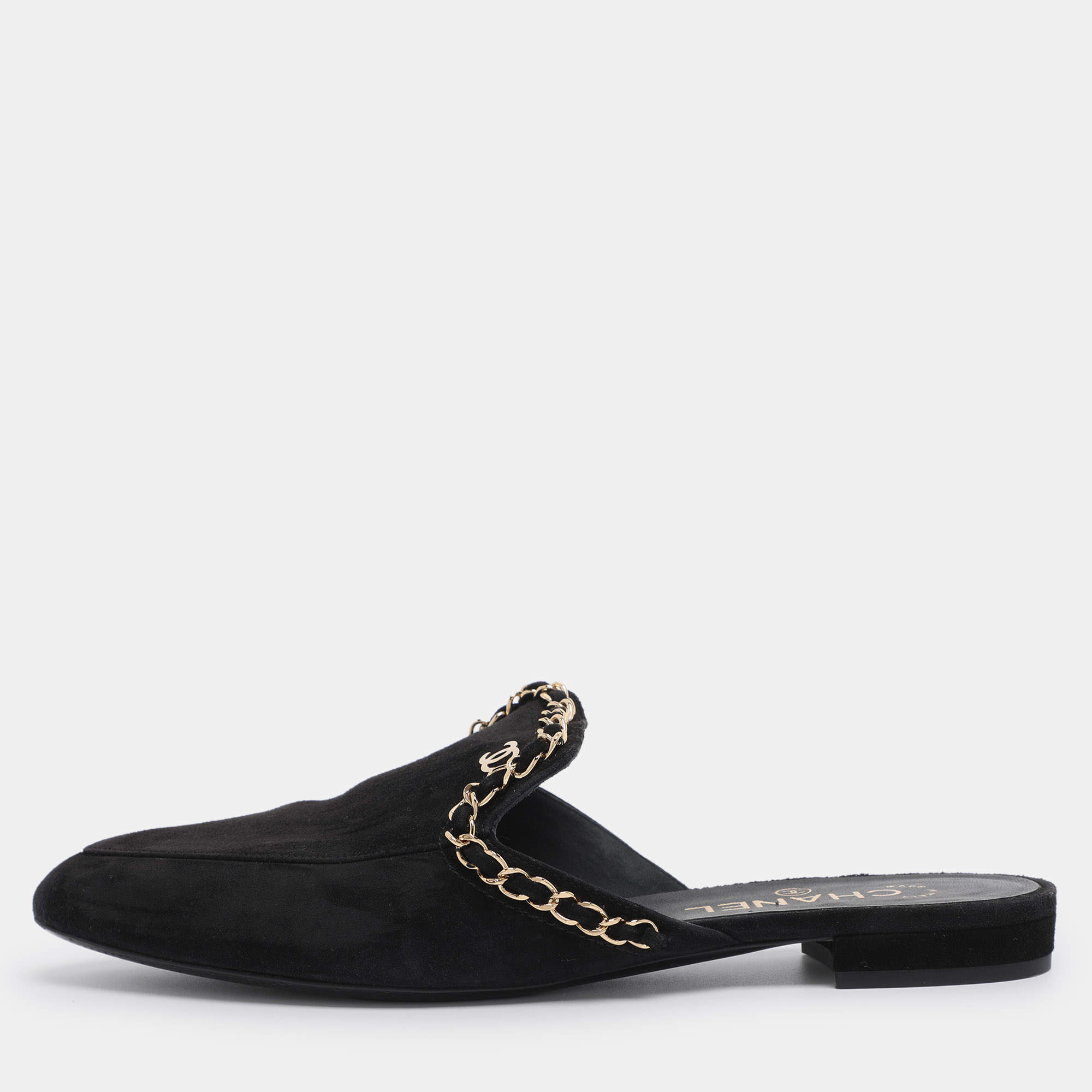 Pre Owned Chanel Black Suede CC Chain Mules Size 38.5