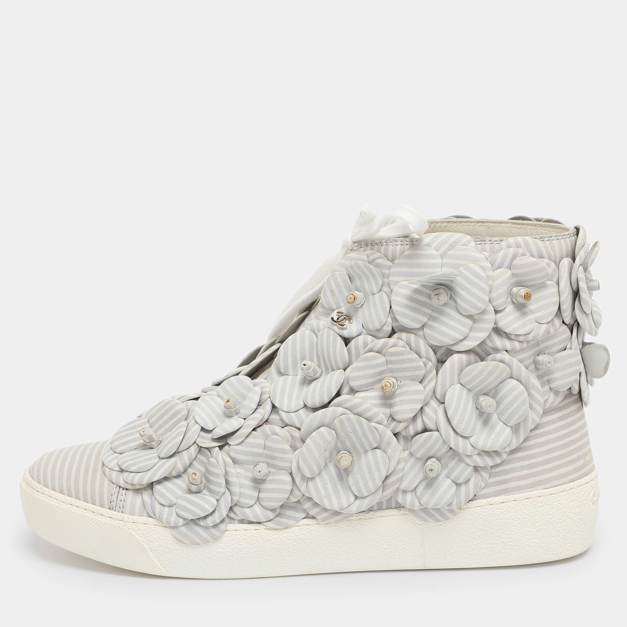 Pre Owned Chanel Grey Leather CC Camellia High Top Sneakers Size 38