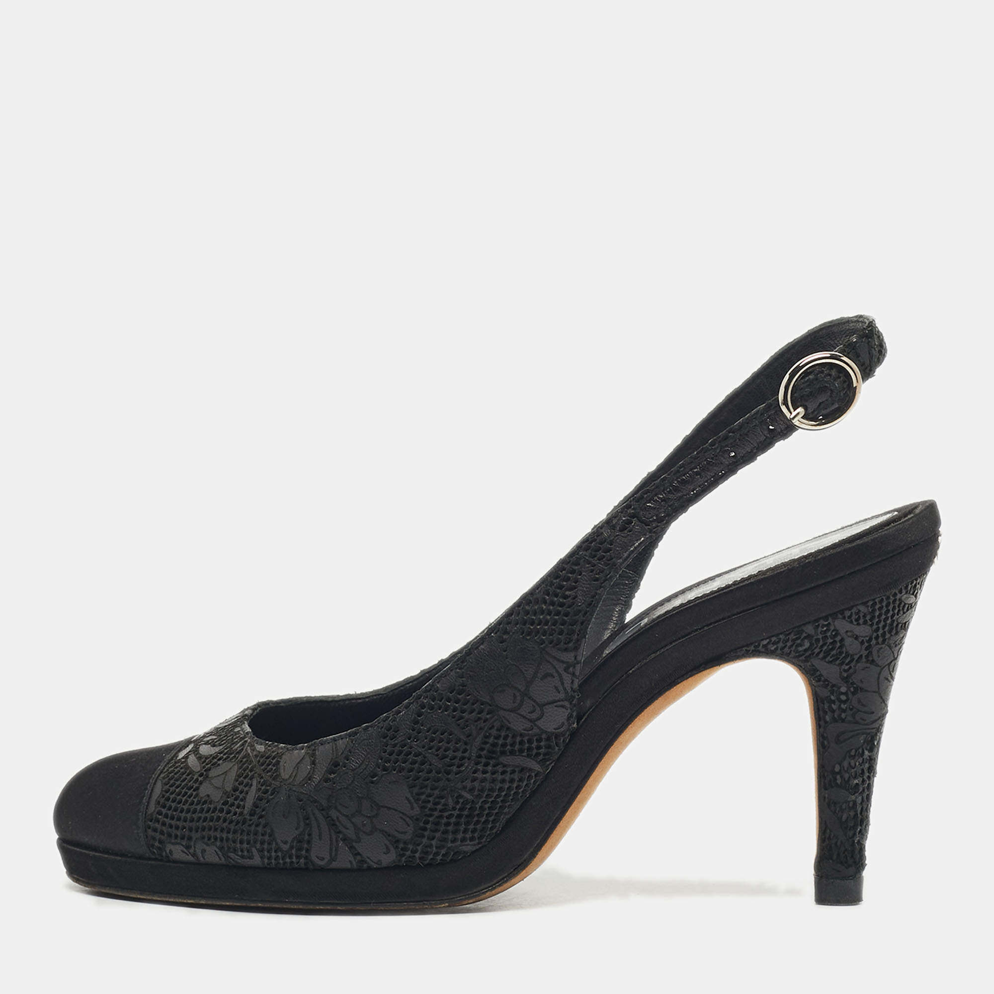 Pre Owned Chanel Black Leather and Satin Cap Toe Slingback Pumps Size 37.5