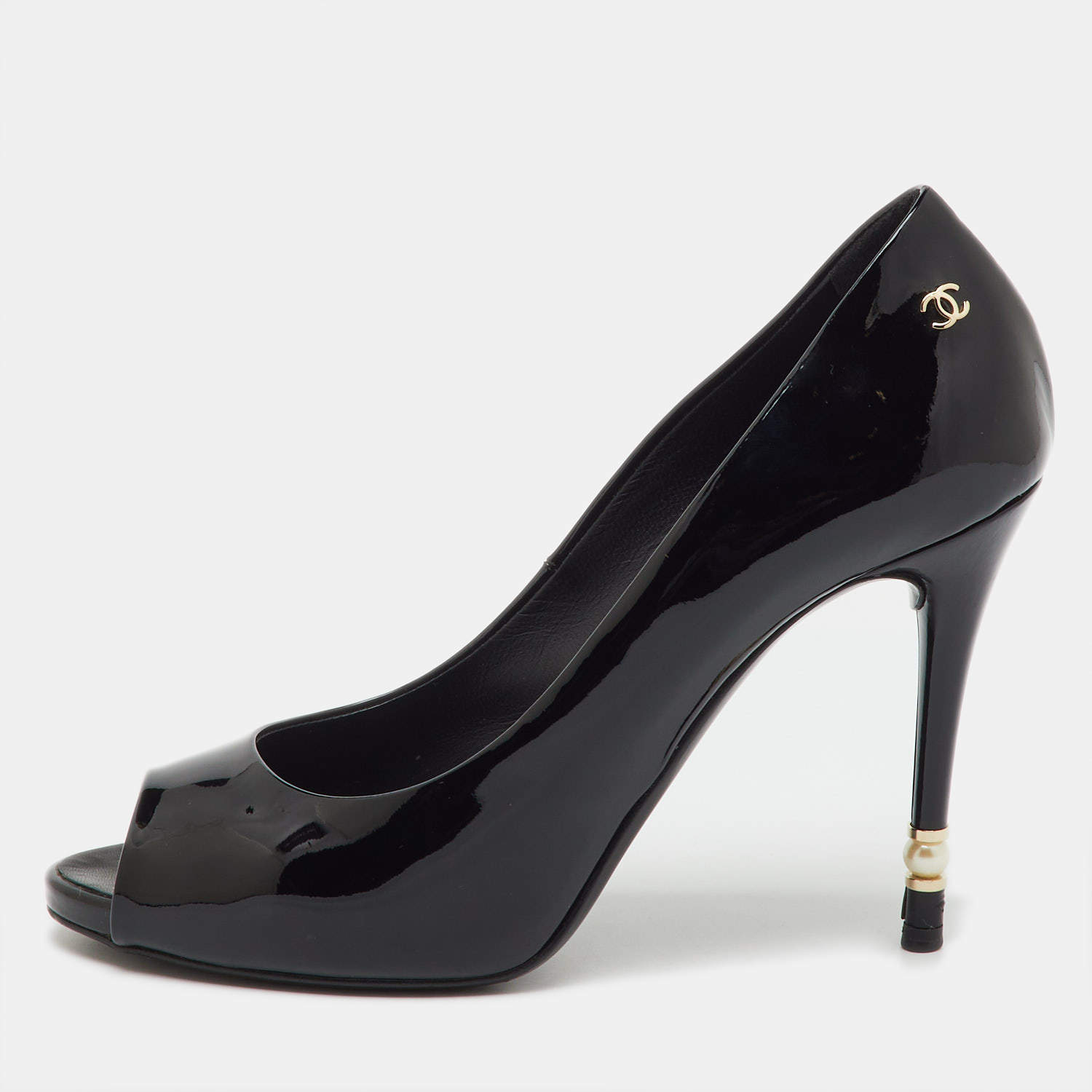 Pre Owned Chanel Black Patent Leather Peep Toe Pumps Size 38