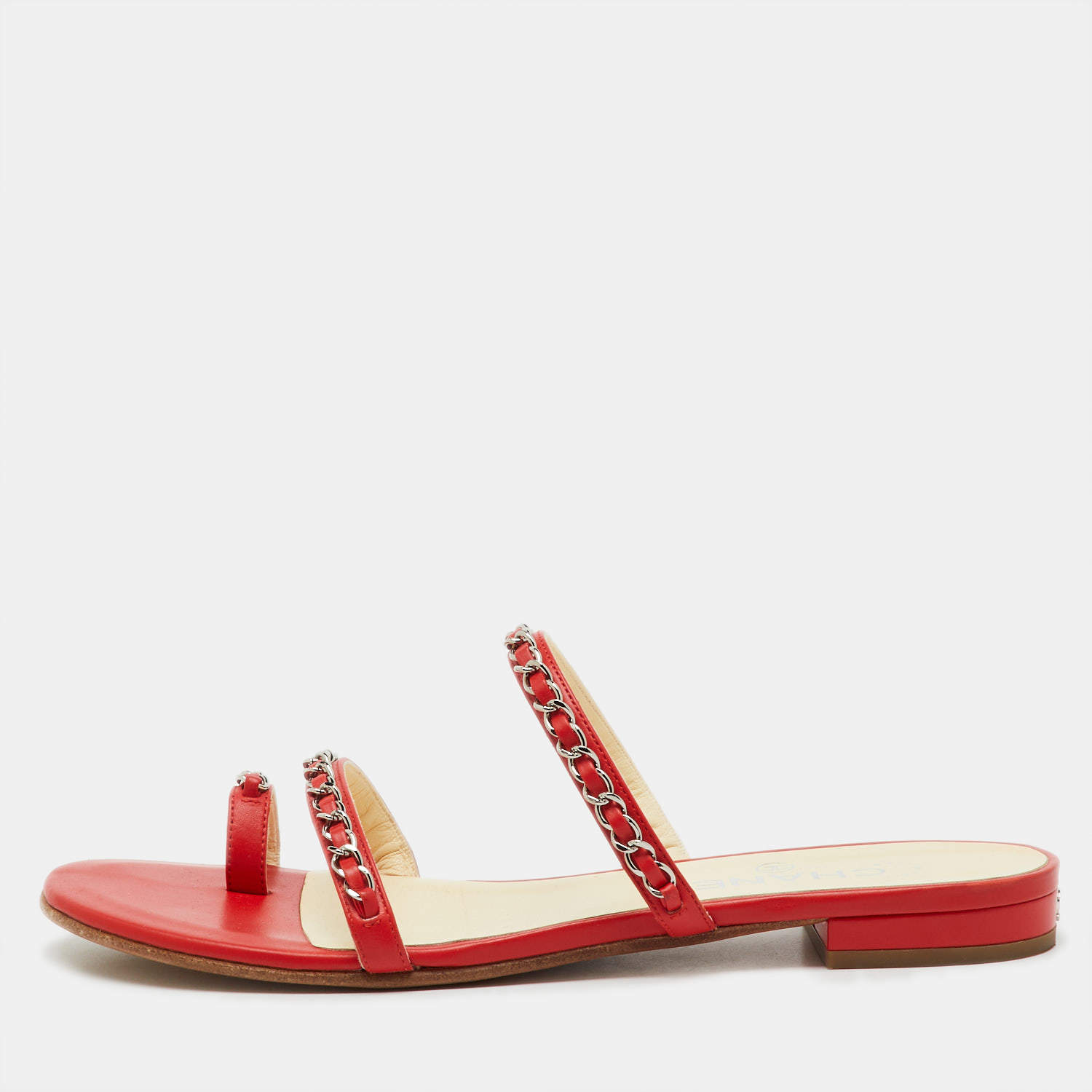 Pre Owned Chanel Red Leather CC Chain Link Strappy Flat Sandals Size 38.5