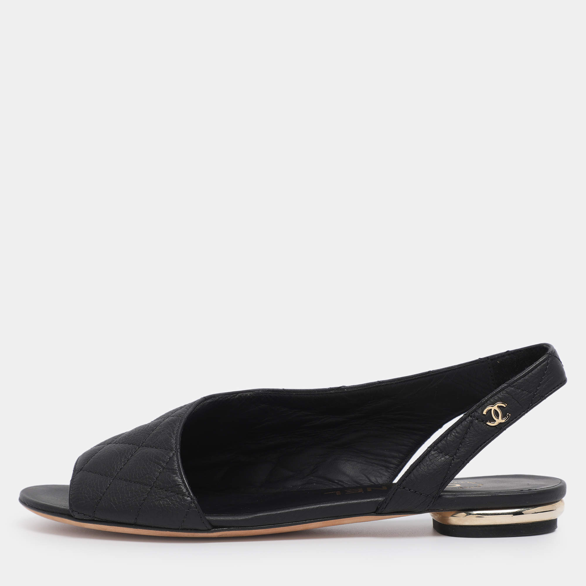 Pre Owned Chanel Black Quilted Leather Slingback Sandals Size 35