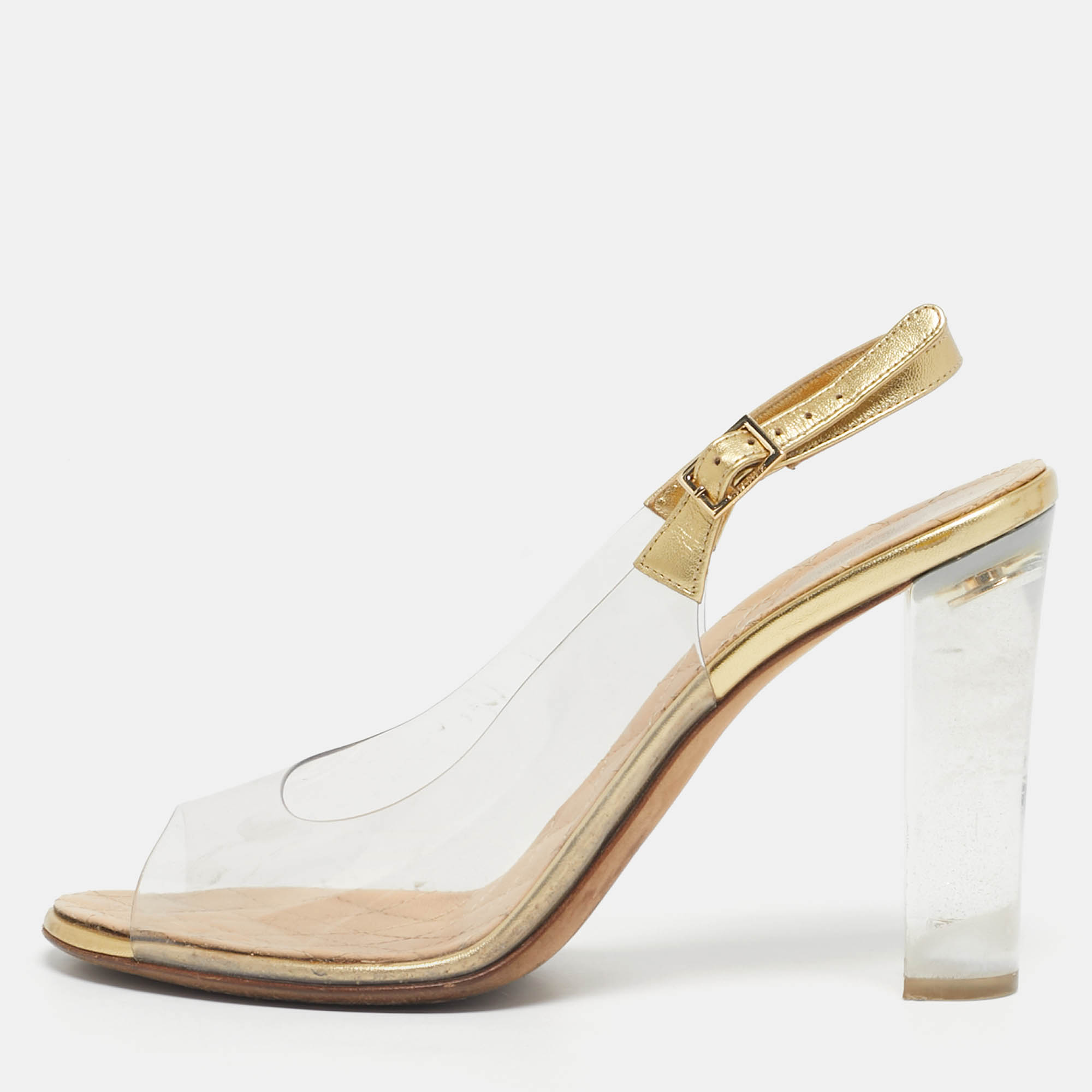 Pre Owned Chanel Gold/Transparent  Leather and PVC Open Toe Slingback Pumps Size 41