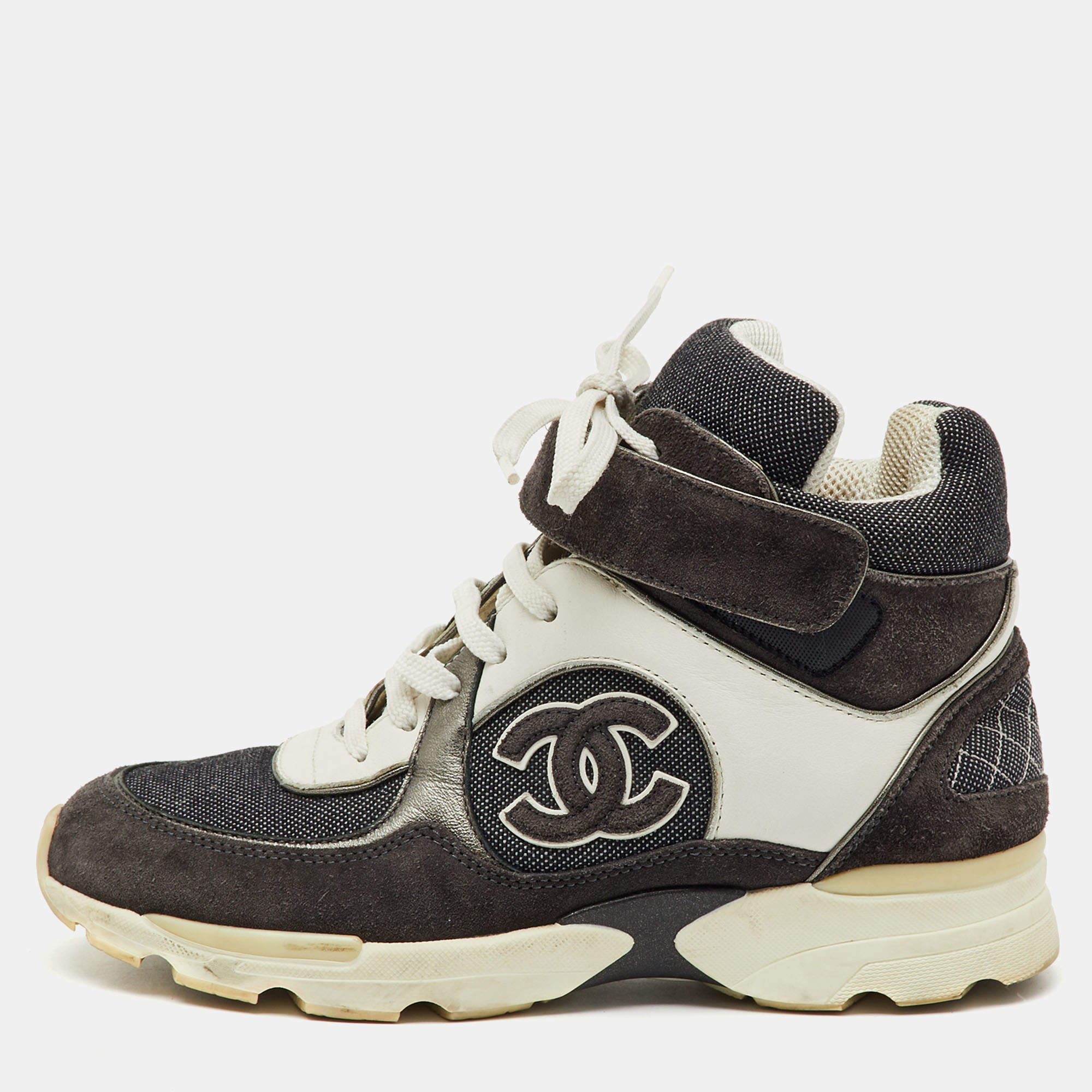 Pre Owned Chanel Dark Grey/White Canvas, Suede and Leather CC Logo Lace Up Sneakers Size 35