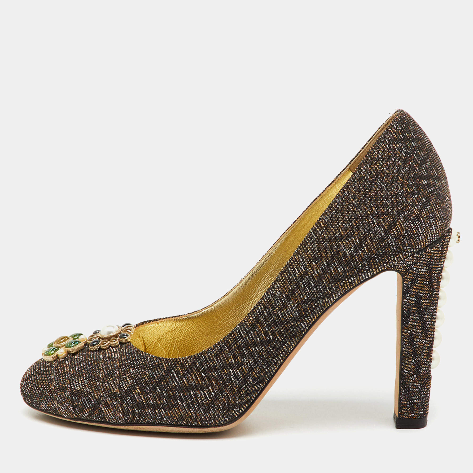 Pre Owned Chanel Metallic Lurex Fabric CC Pearl Heel Pumps Size 37.5