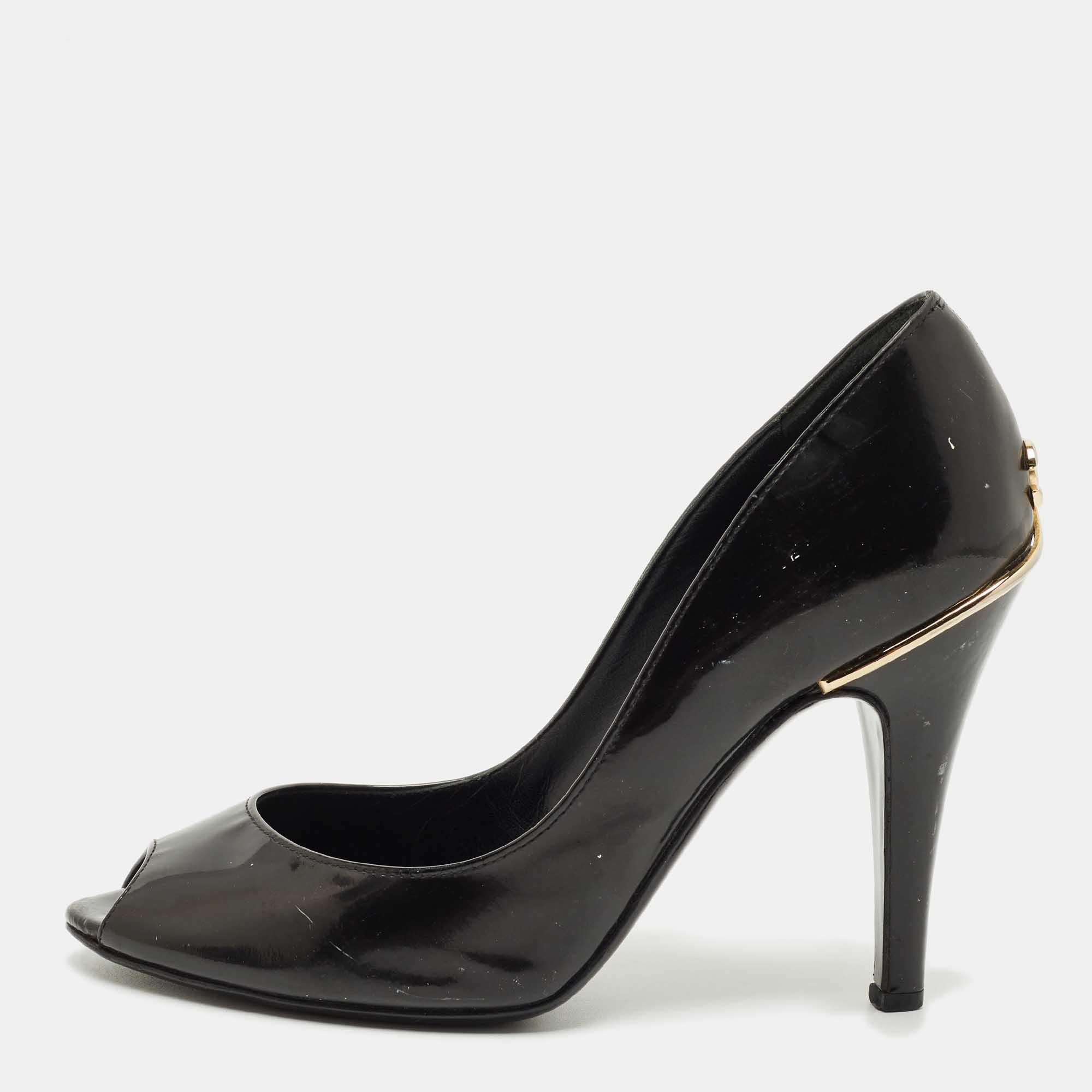 Pre Owned Chanel Black Patent Leather CC Peep Toe Pumps Size 34