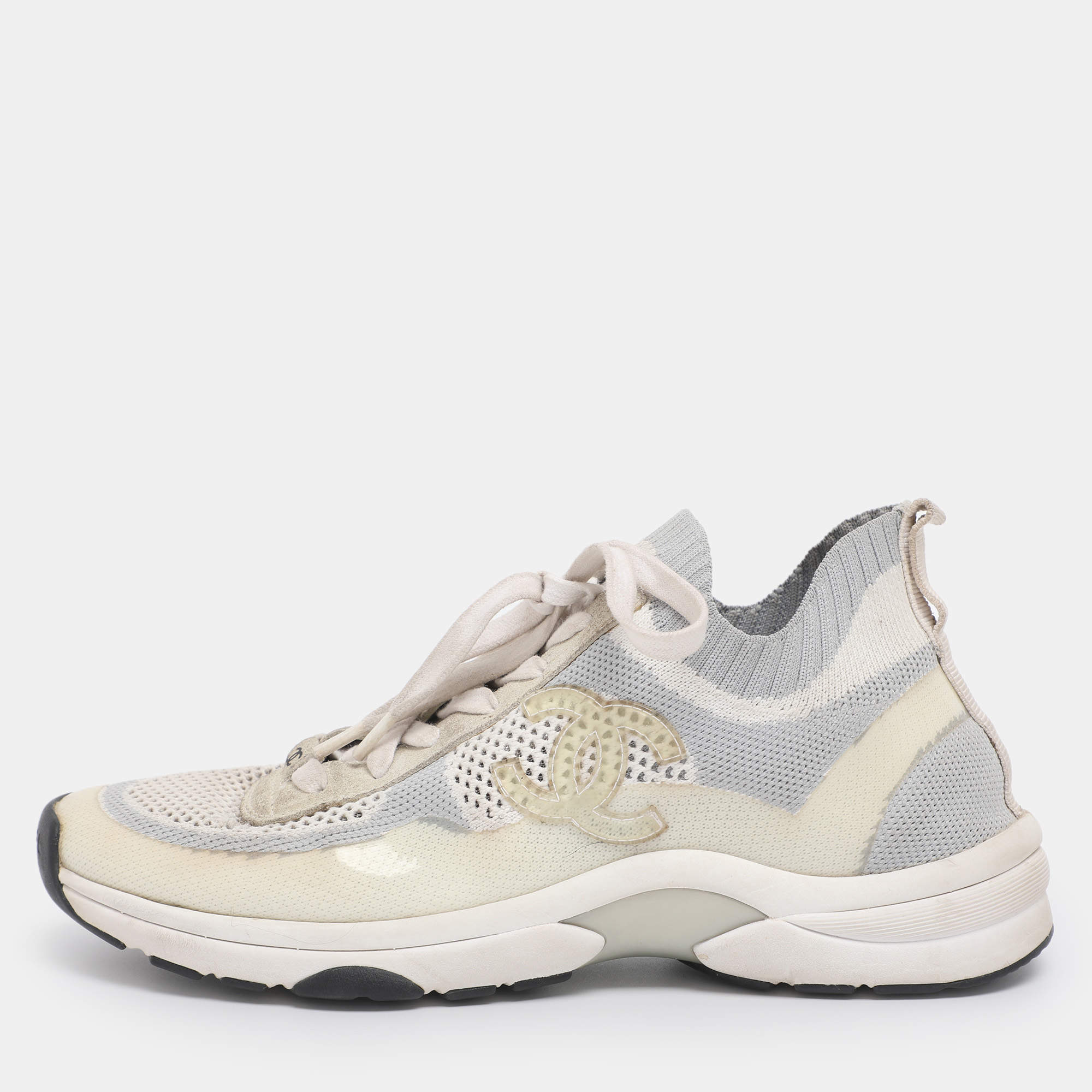 Pre Owned Chanel Multicolor Knit Fabric CC Sock Sneakers Size 39