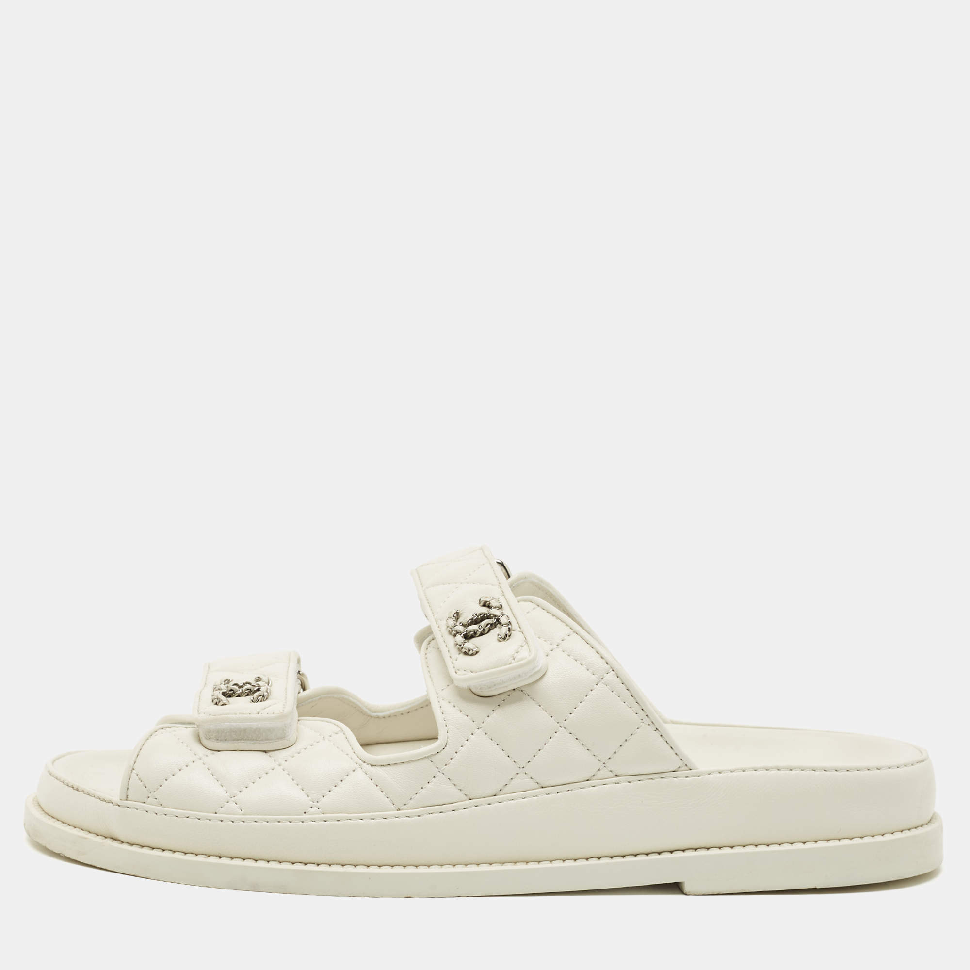 Pre Owned Chanel White Leather Dad Flat Sandals Size 41