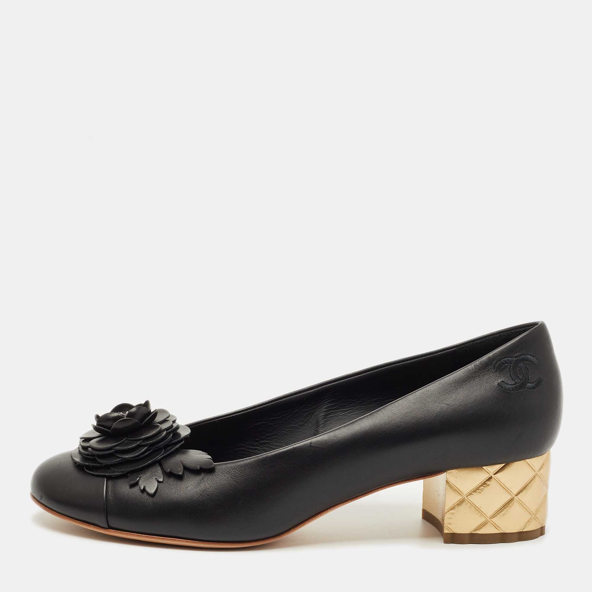 Pre Owned Chanel Black Leather CC Camelia Block Heel Pumps Size 41