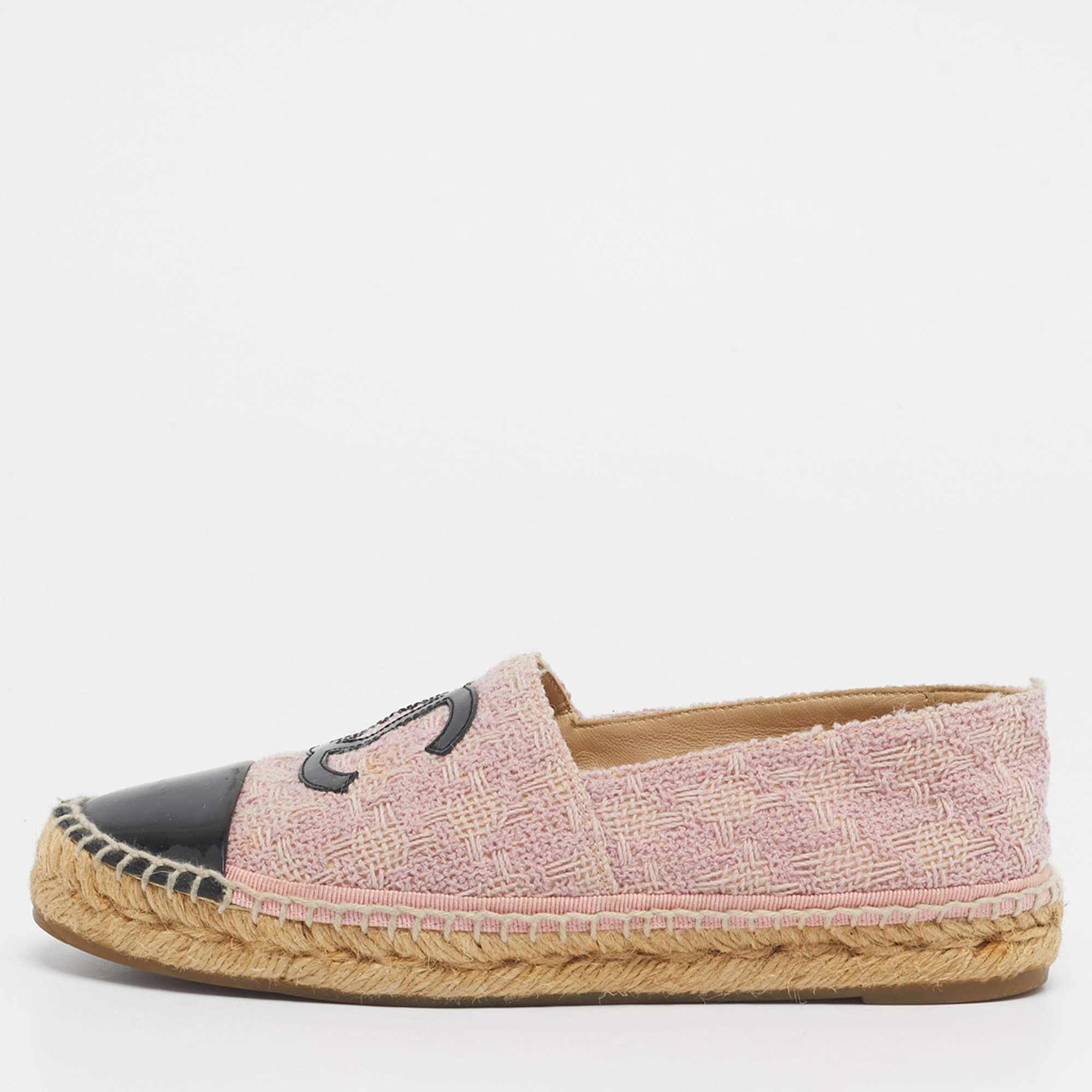 Pre Owned Chanel Pink/Black Tweed and Patent  CC Cap Toe Espadrilles Size 37