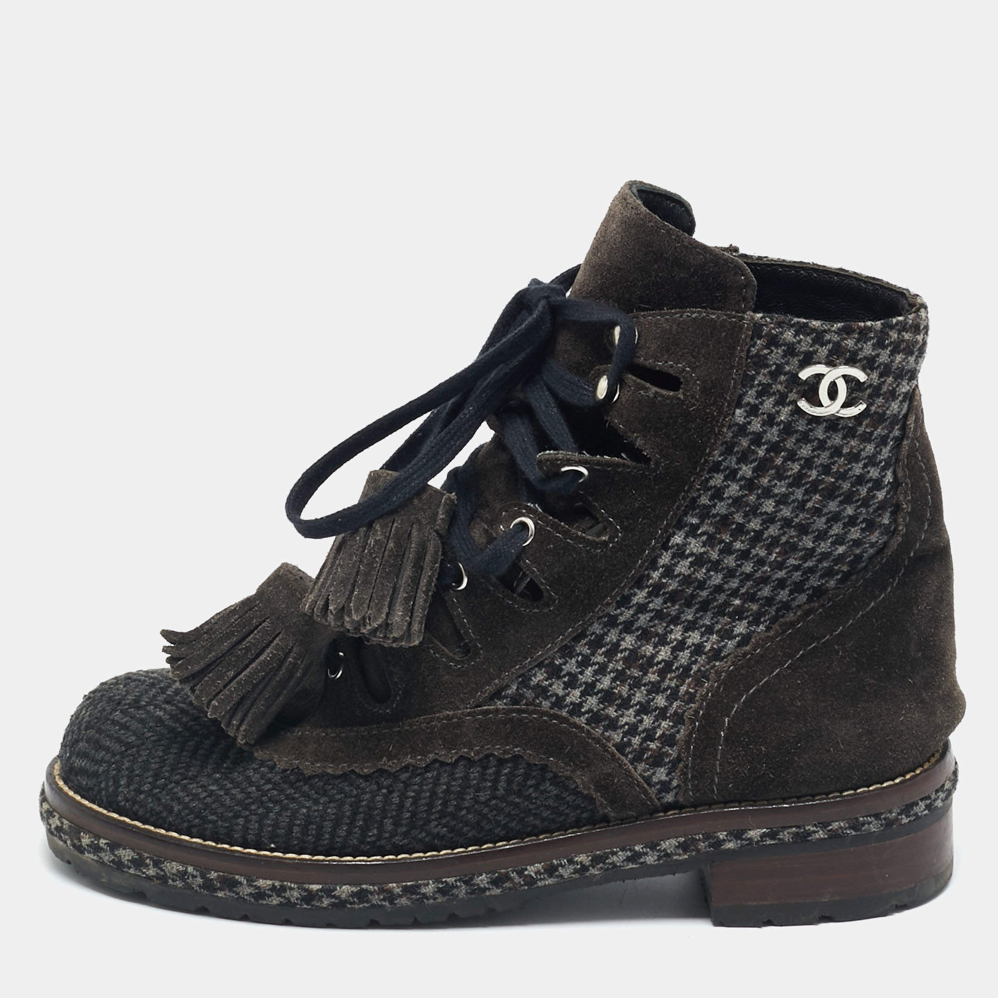 Pre Owned Chanel Grey Suede and Tweed CC Logo Ankle Length Boots Size 36