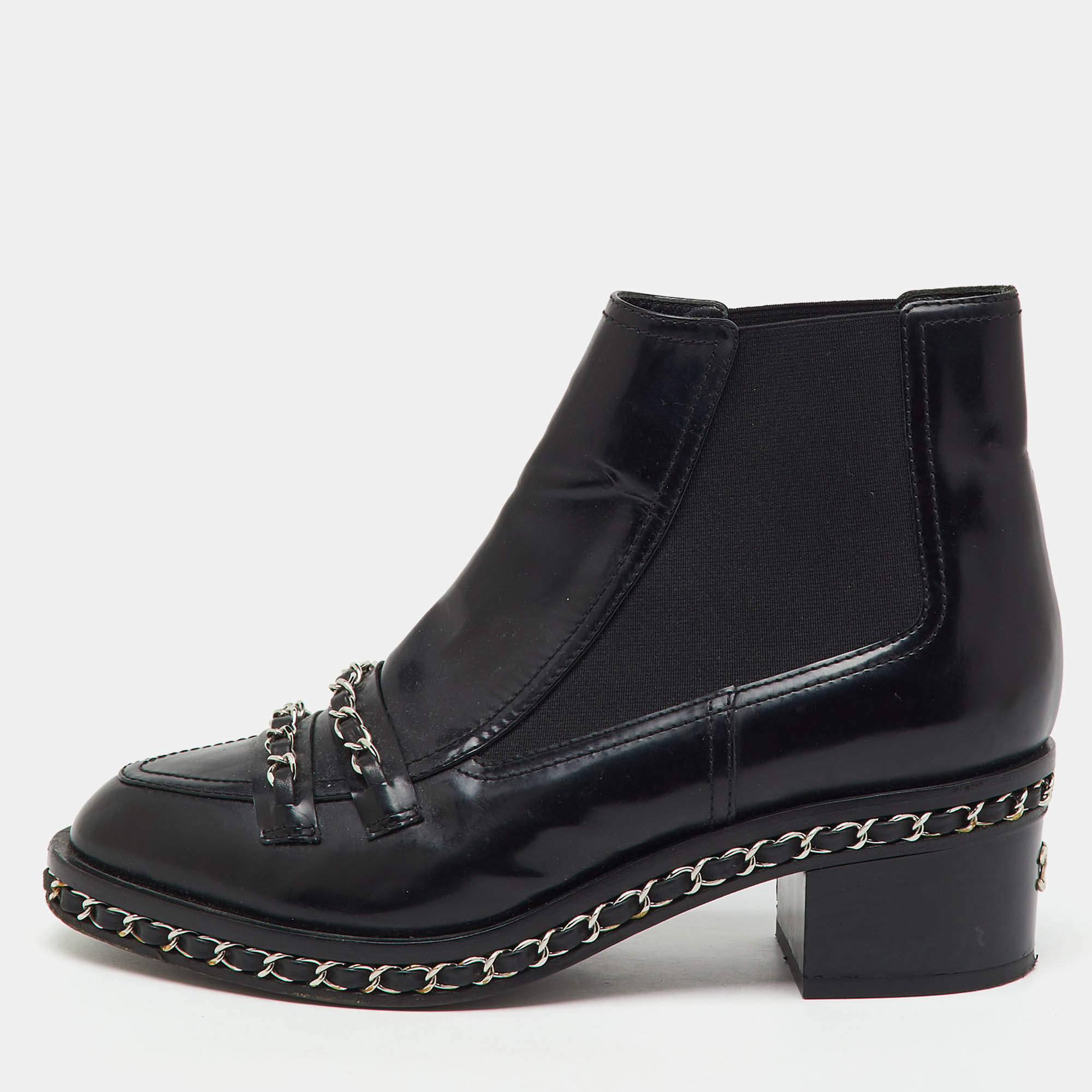 Pre Owned Chanel Black Patent Leather Interlaced Chain Ankle Boots Size 38