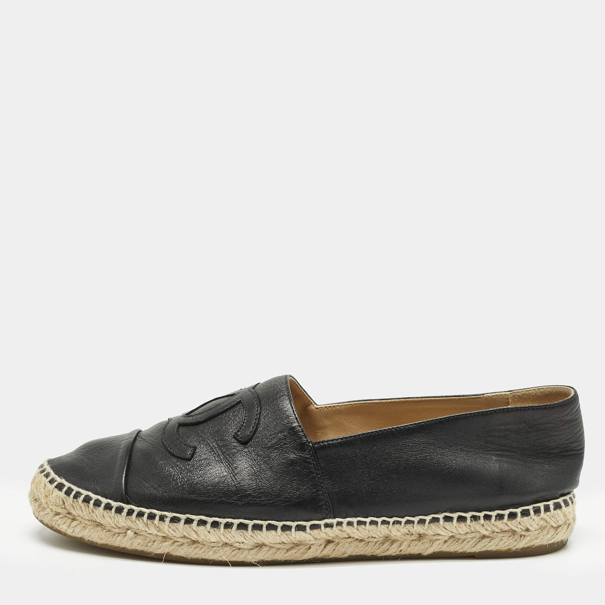 Pre Owned Chanel Black Leather CC Cap Toe Espadrille Flats Size 42