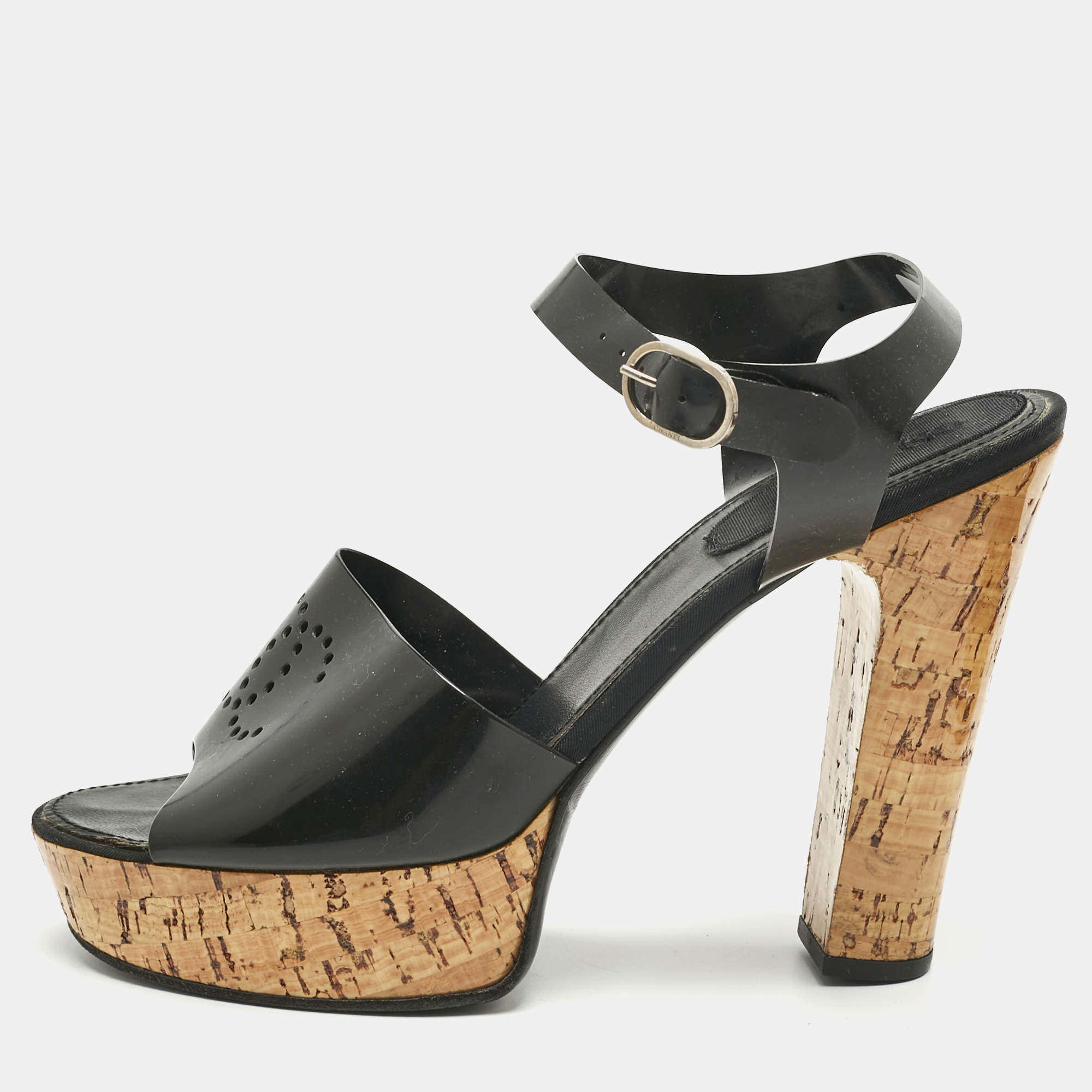 Pre Owned Chanel Black Jelly Cork Platform Ankle Strap Sandals Size 42