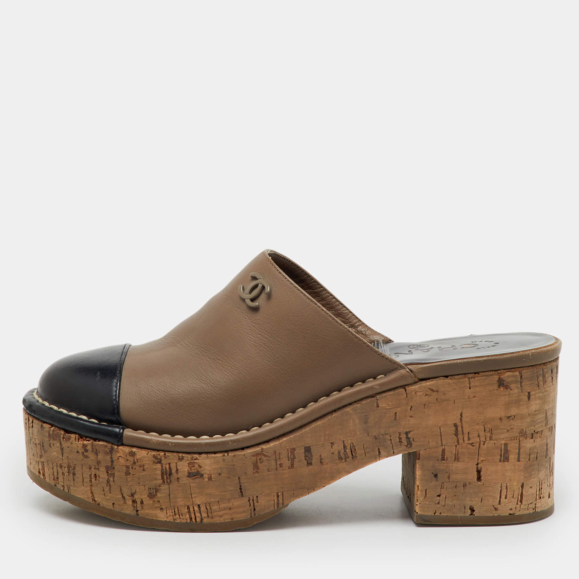 Pre Owned Chanel Brown/Black Leather CC Cap Toe Cork Platform Mules Size 37