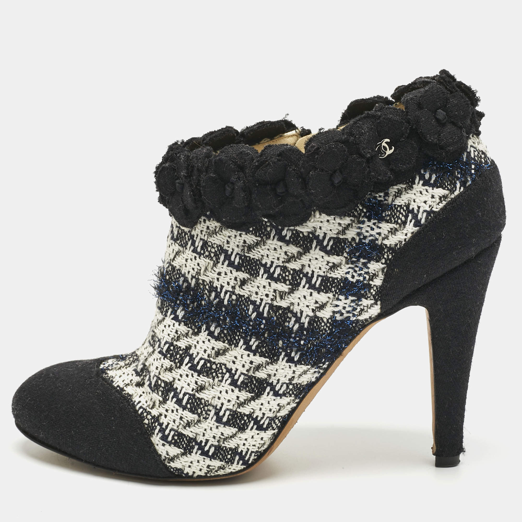 Pre Owned Chanel Multicolor Knit Fabric Flower Embellished Ankle Length Boots Size 40