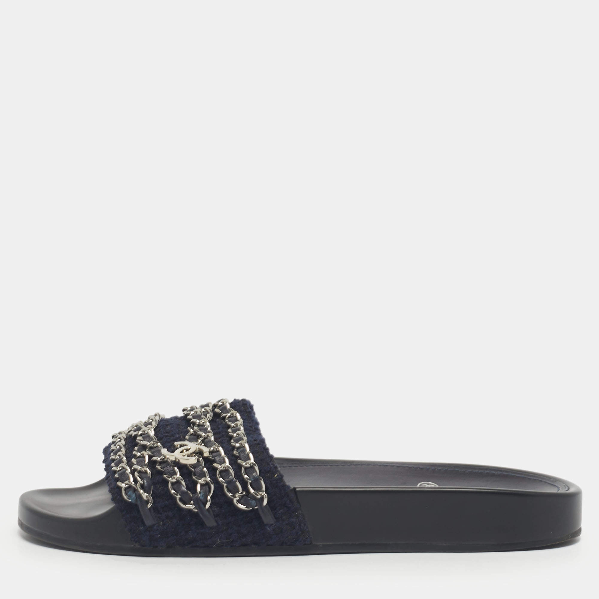 Pre Owned Chanel Navy Blue Tweed Tropiconic Chain Detail Flat Slides Size 38