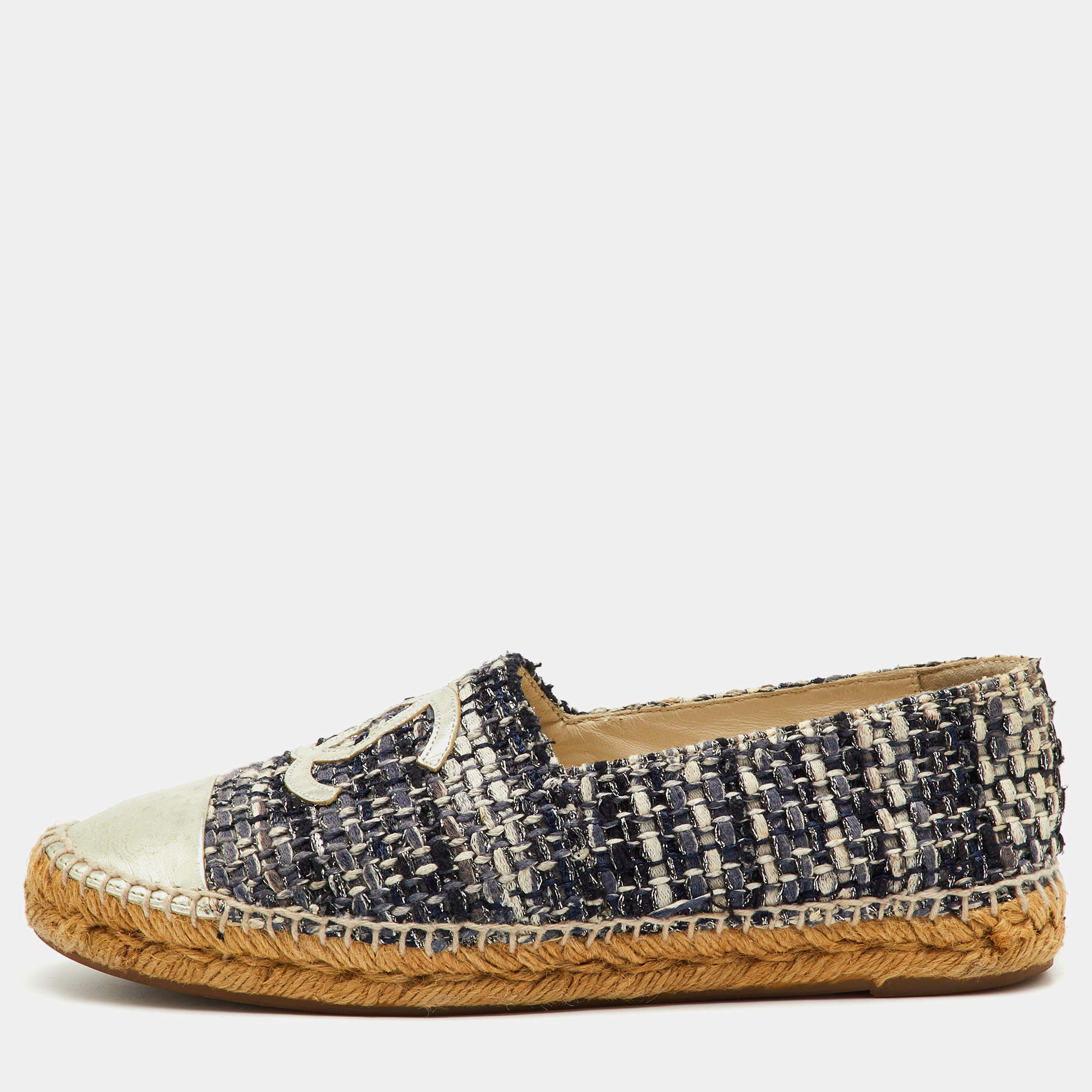 Pre Owned Chanel Multicolor Leather and Tweed CC Cap Toe Espadrille Flats Size 39