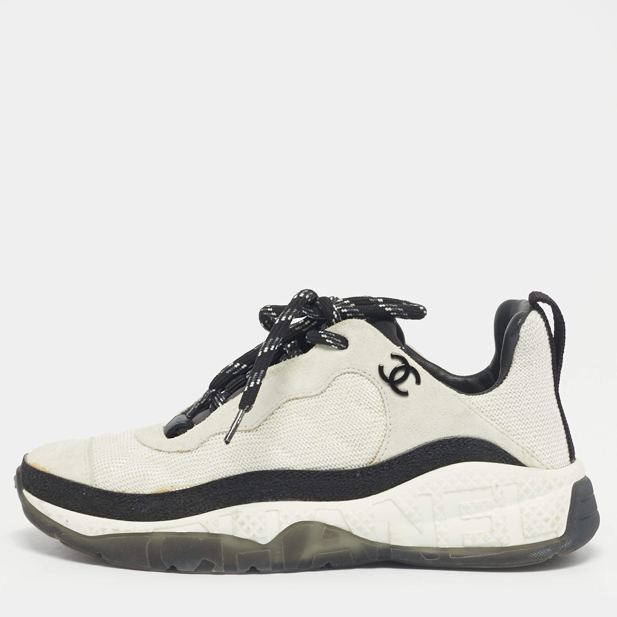 Pre Owned Chanel Grey/White Suede and Canvas CC Low Top Sneakers Size 36