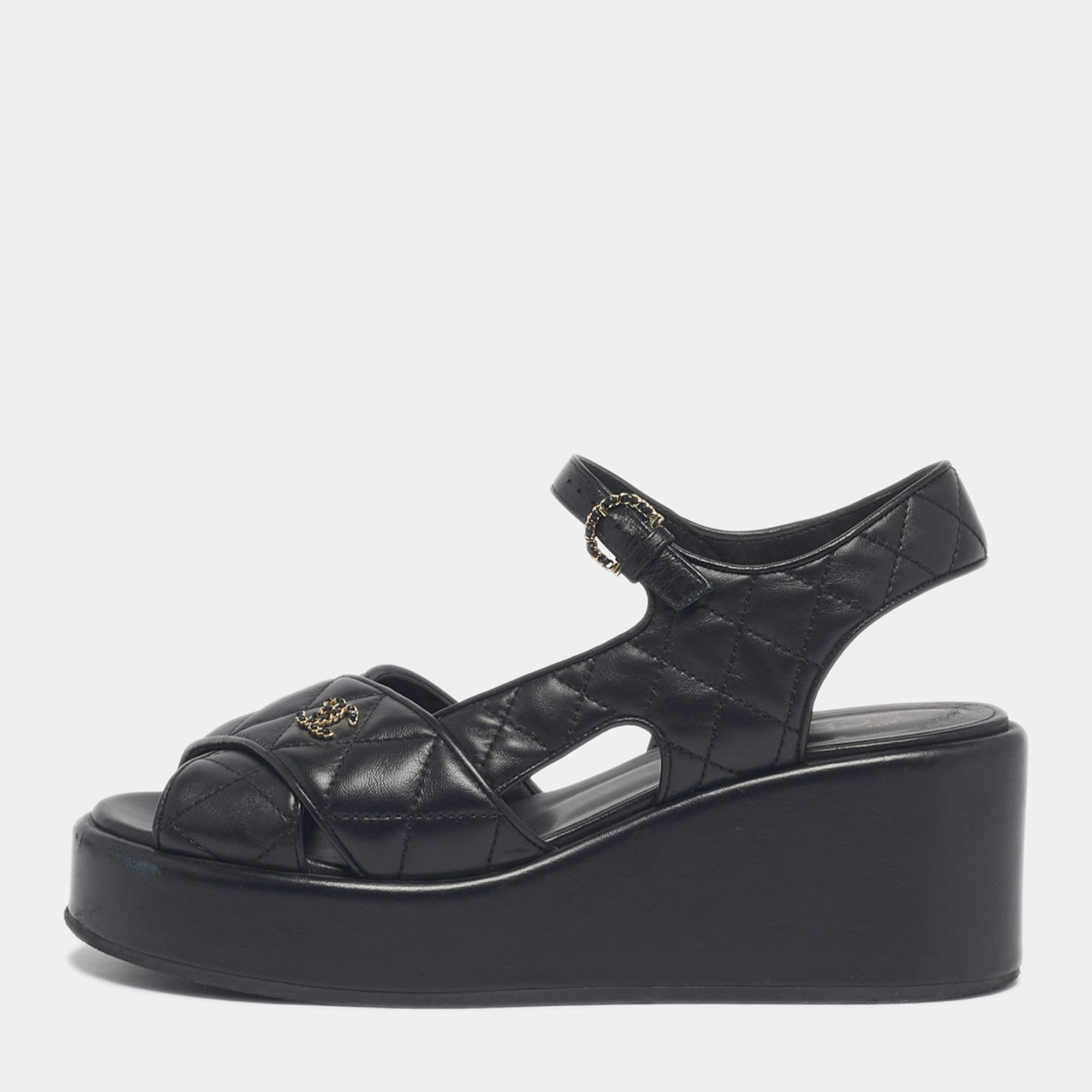Pre Owned Chanel Black Leather Ankle Strap Wedge Sandals Size 40.5