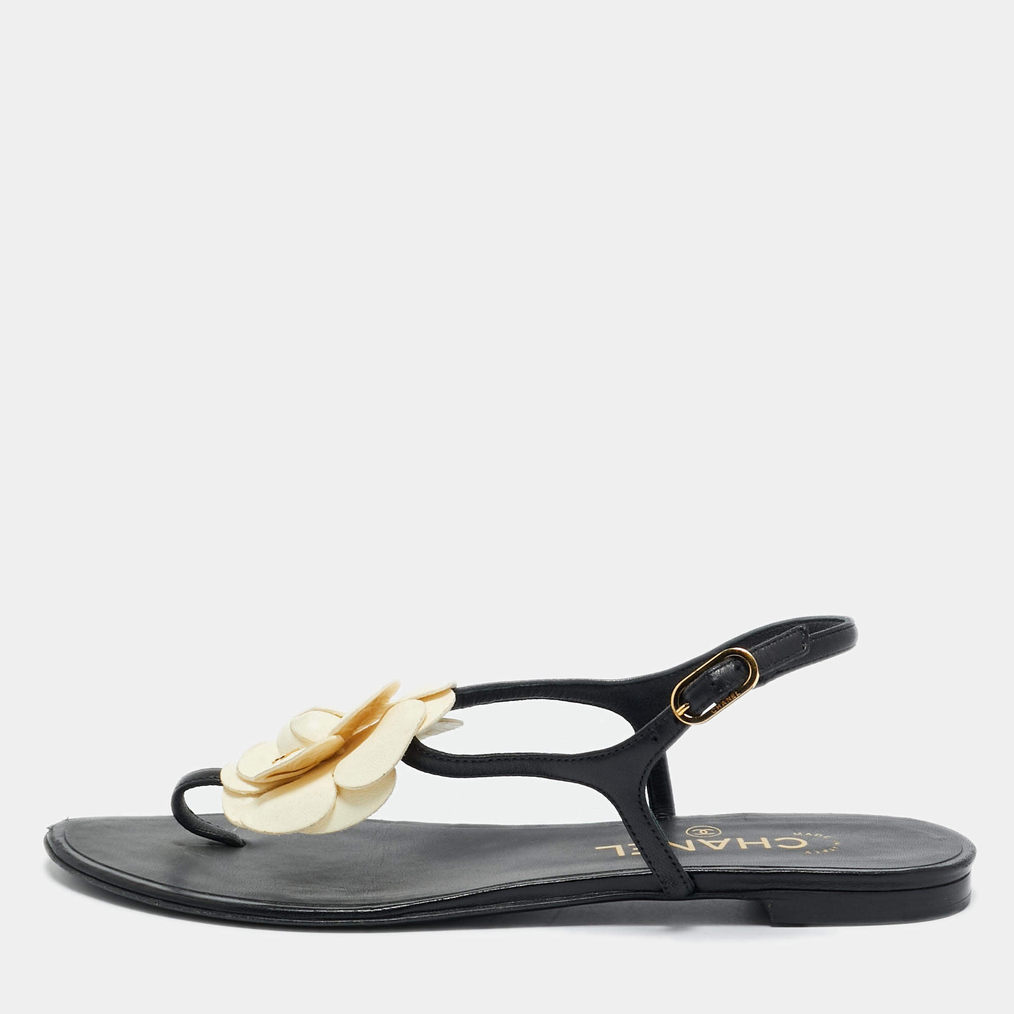 Pre Owned Chanel Black  Leather Camelia Thong Slingback Sandals Size 38.5