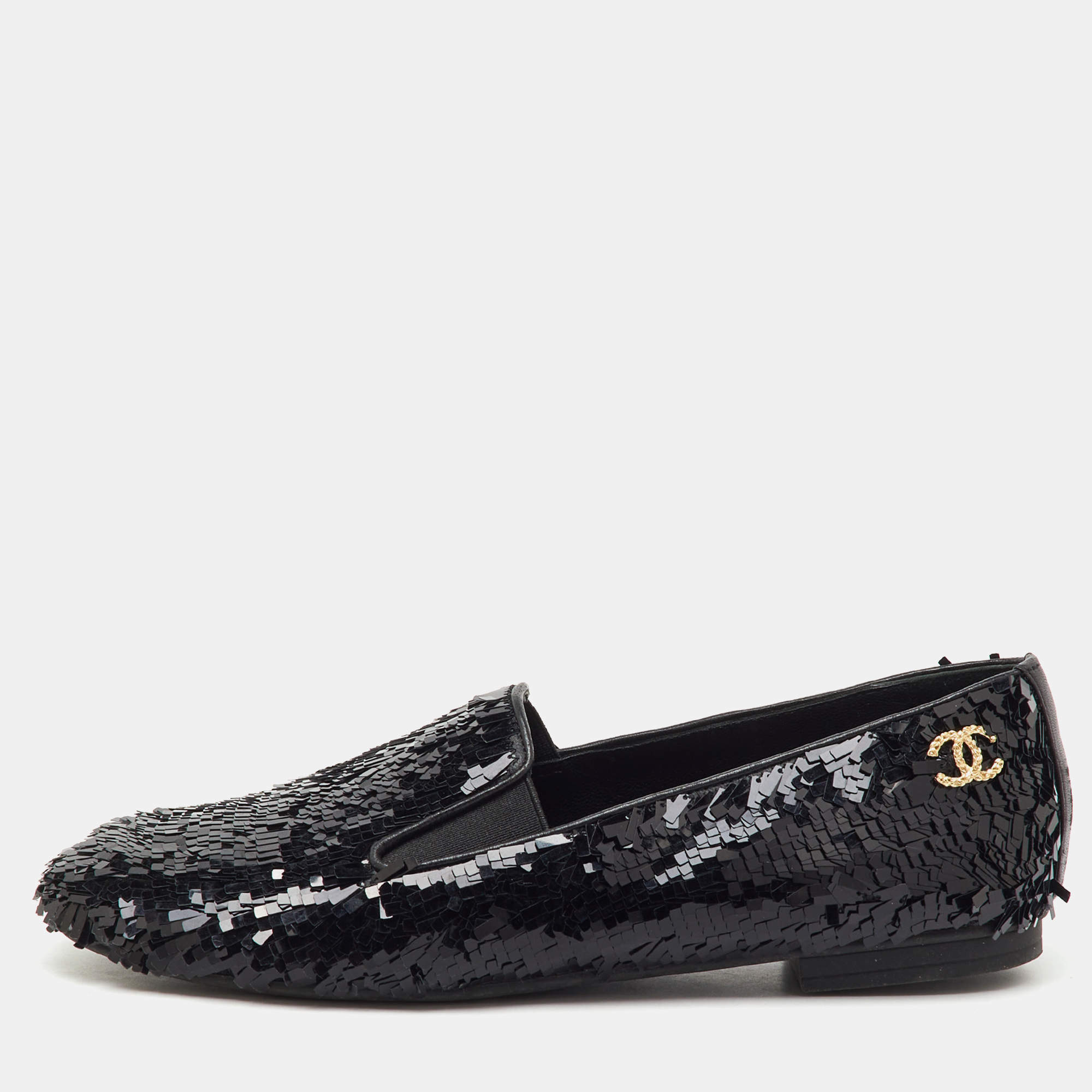 Pre Owned Chanel Black Sequins CC Smoking Slippers Size 37.5
