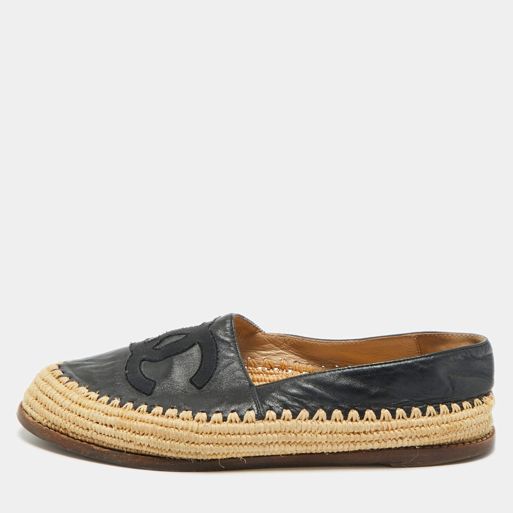 Pre Owned Chanel Black Leather CC Cap Toe Espadrille Flats Size 38