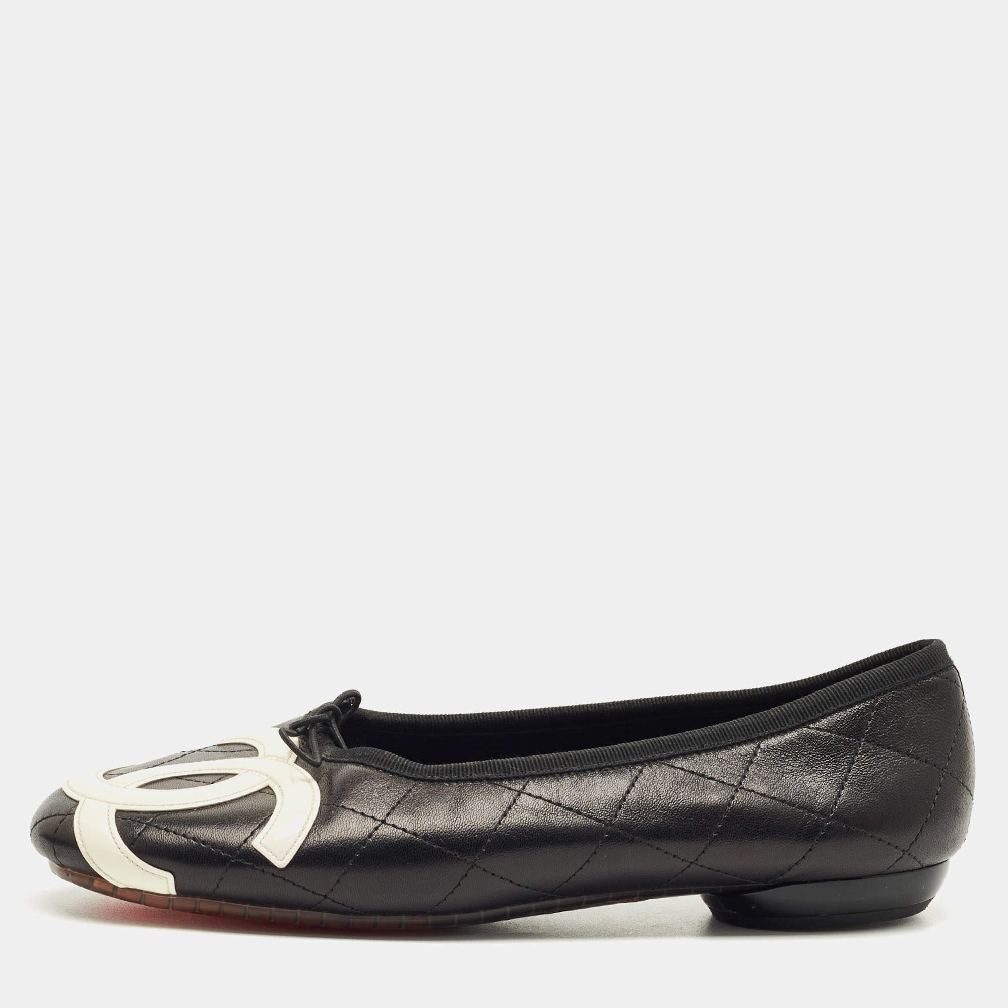 Pre Owned Chanel Black Quilted Leather CC Ligne Cambon Bow Ballet Flats Size 39