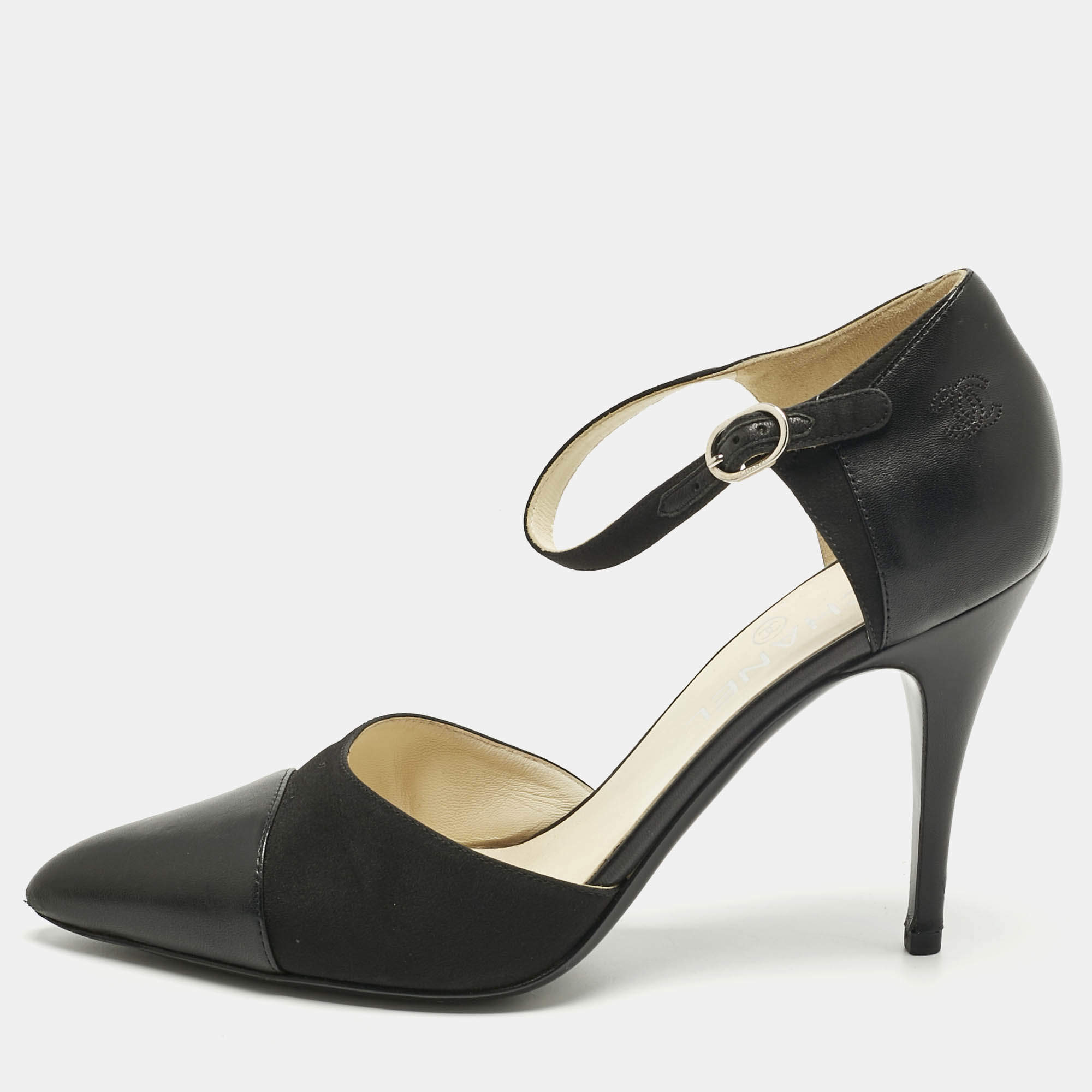 Pre Owned Chanel Black Leather and Canvas Pointed Toe Ankle Strap Pumps Size 40
